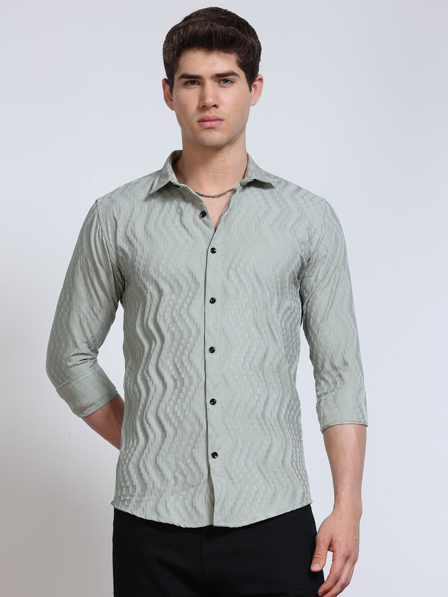 Men's Sage Green Wave Textured Casual Shirt