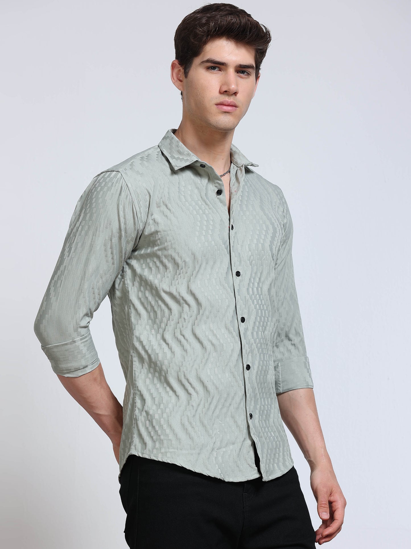Men's Sage Green Wave Textured Casual Shirt