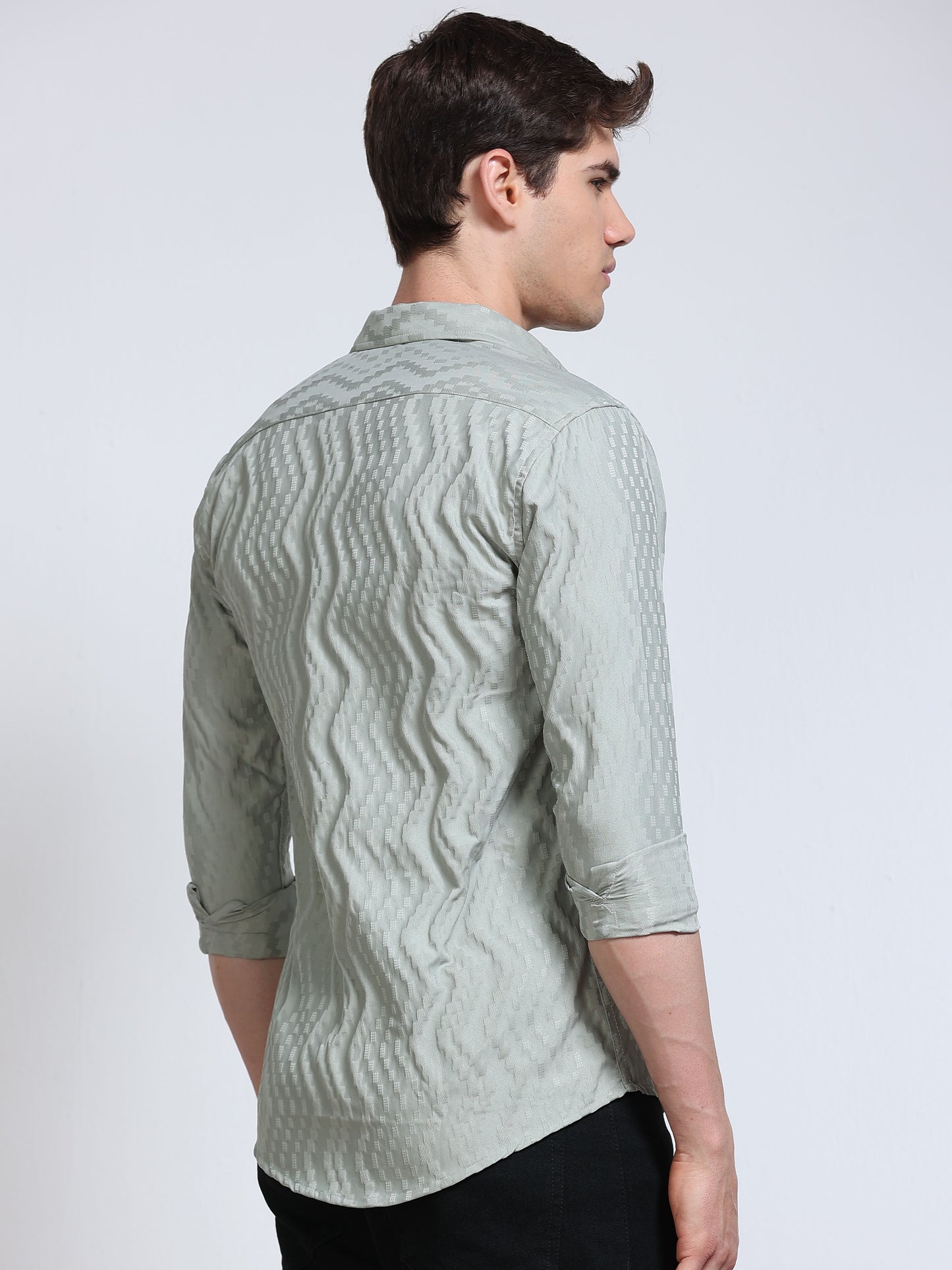 Men's Sage Green Wave Textured Casual Shirt