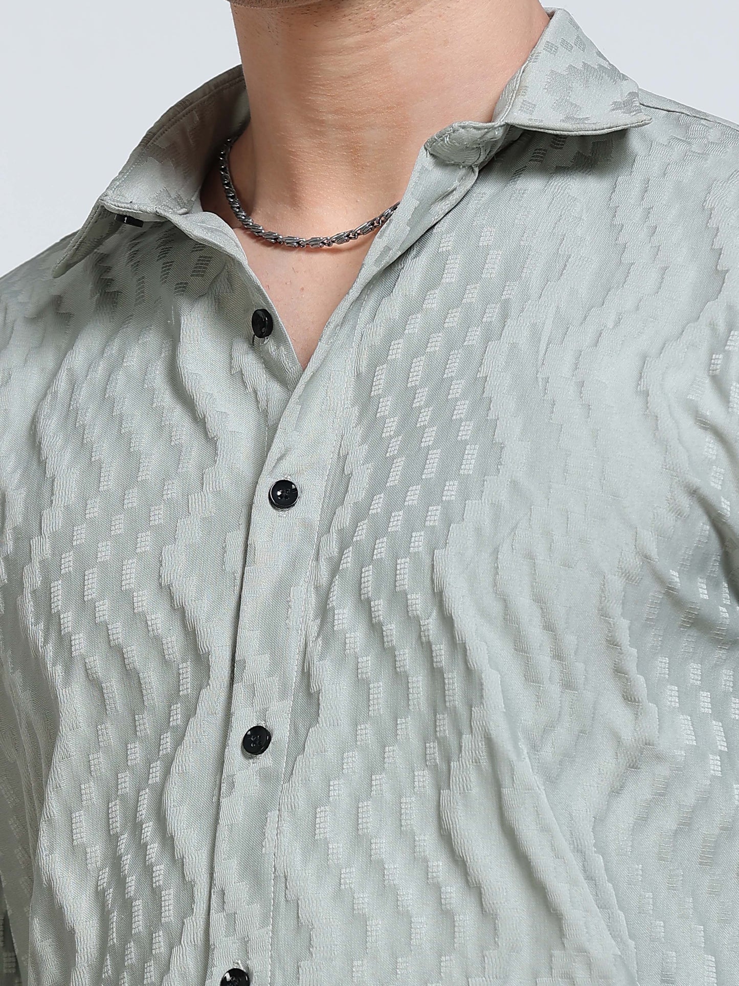 Men's Sage Green Wave Textured Casual Shirt