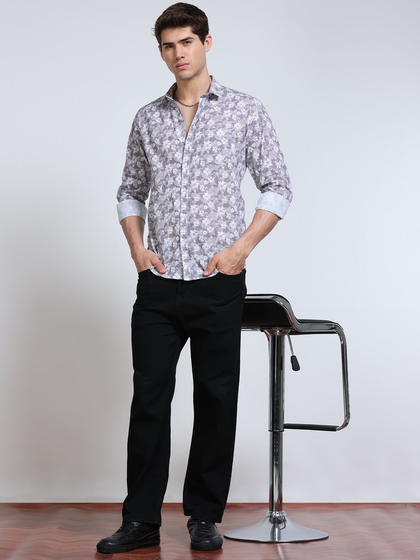 Men's Linen Grey White Floral Printed Shirt