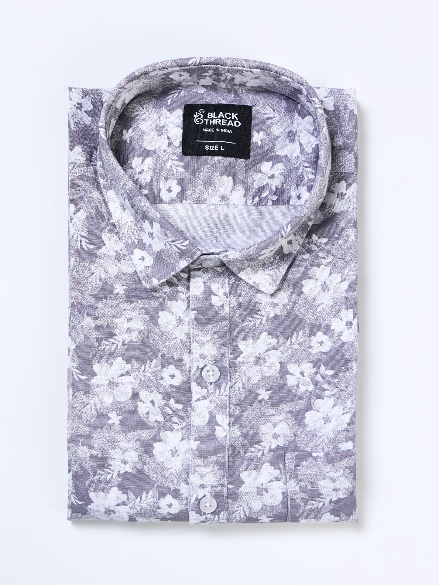 Men's Linen Grey White Floral Printed Shirt