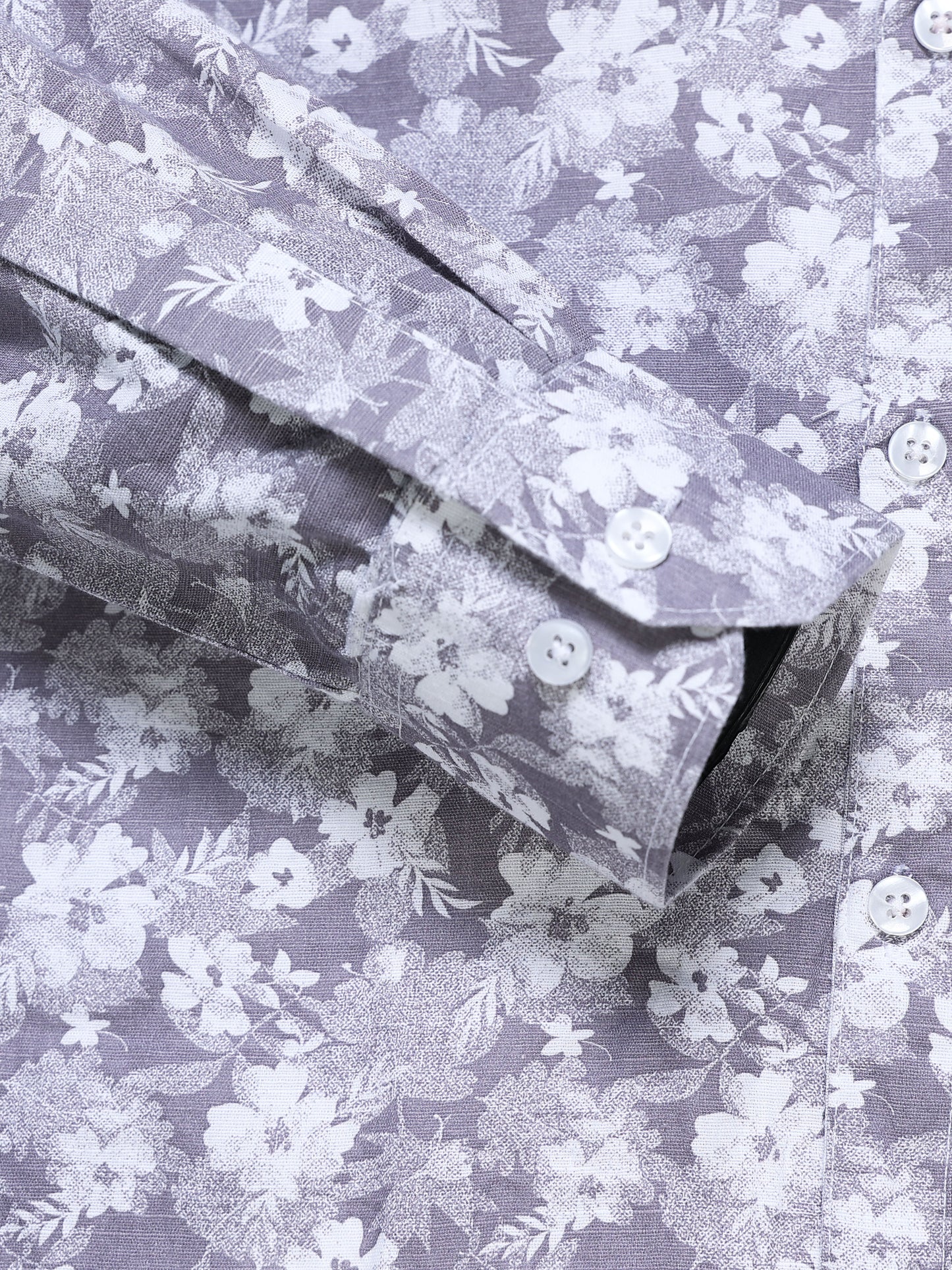 Men's Linen Grey White Floral Printed Shirt