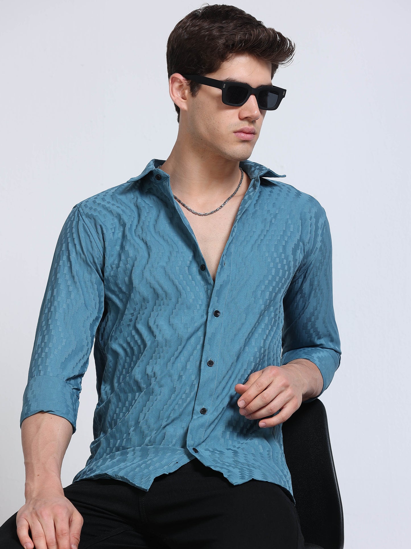 Men's Steel Blue Wave Textured Casual Shirt