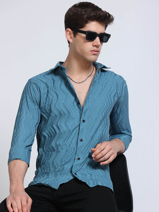 Men's Steel Blue Wave Textured Casual Shirt
