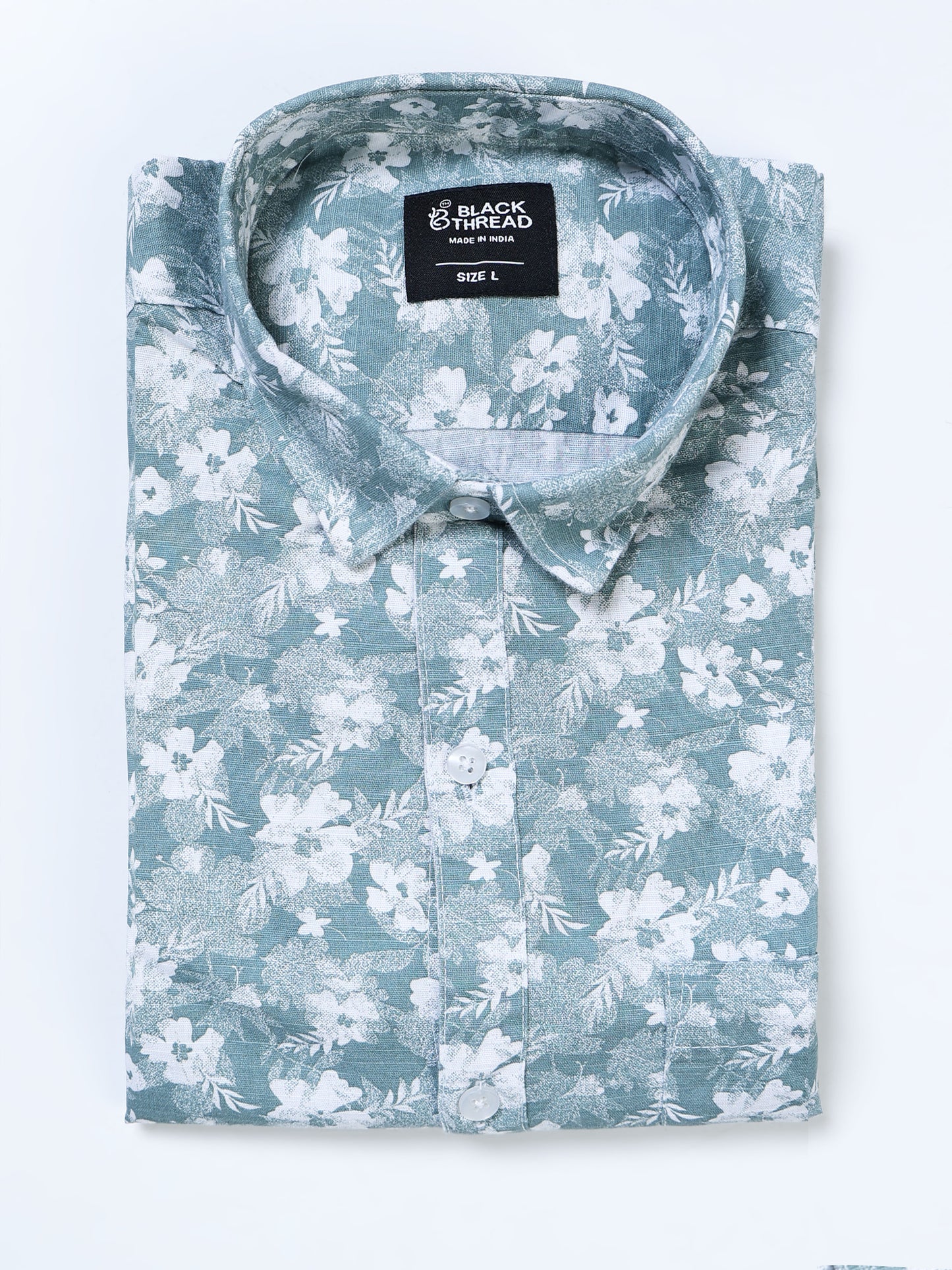 Men's Linen Teal White Floral Printed Shirt