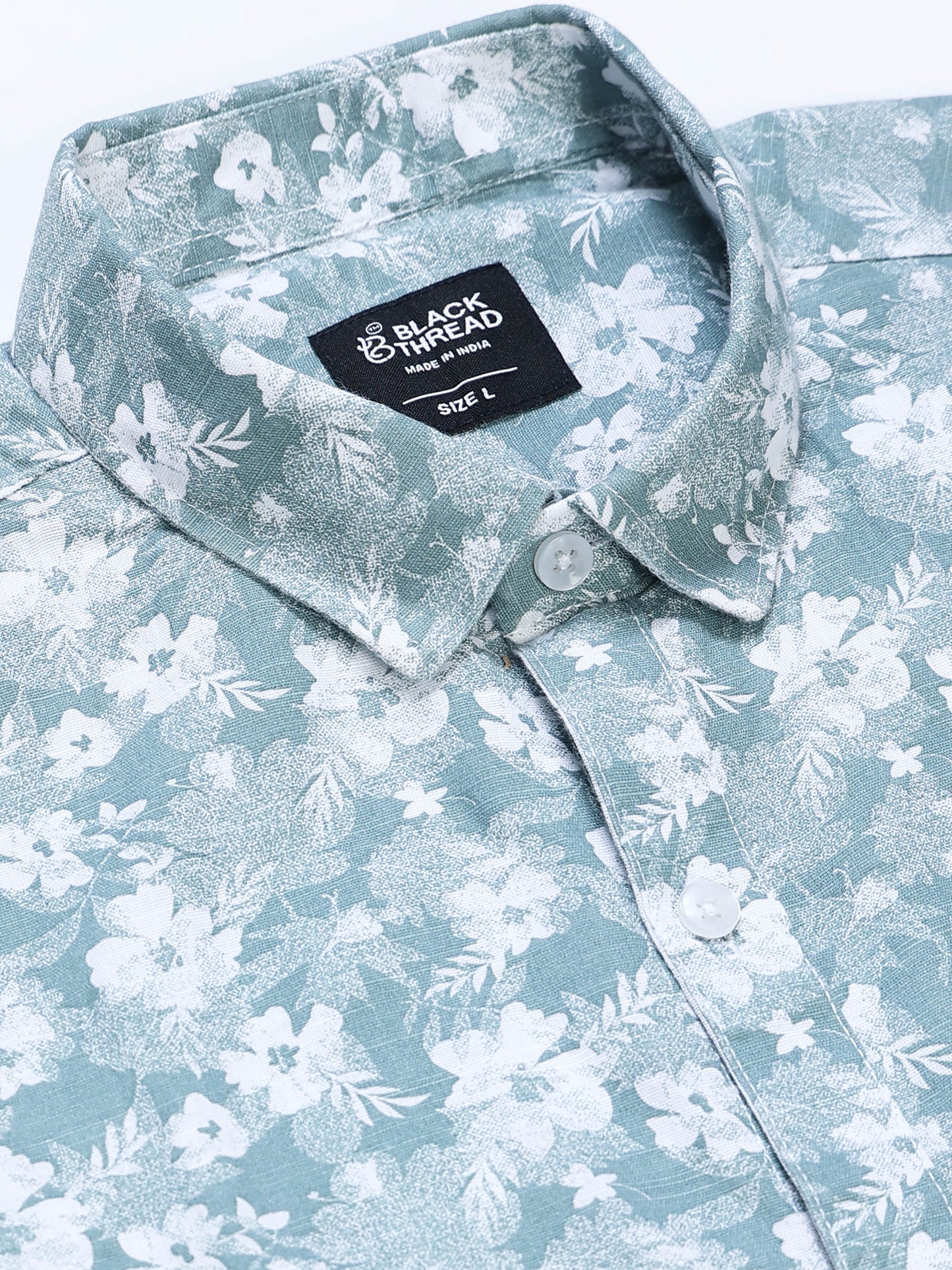 Men's Linen Teal White Floral Printed Shirt