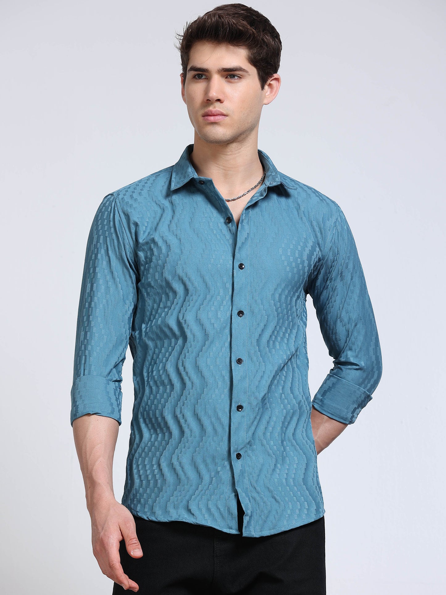 Men's Steel Blue Wave Textured Casual Shirt
