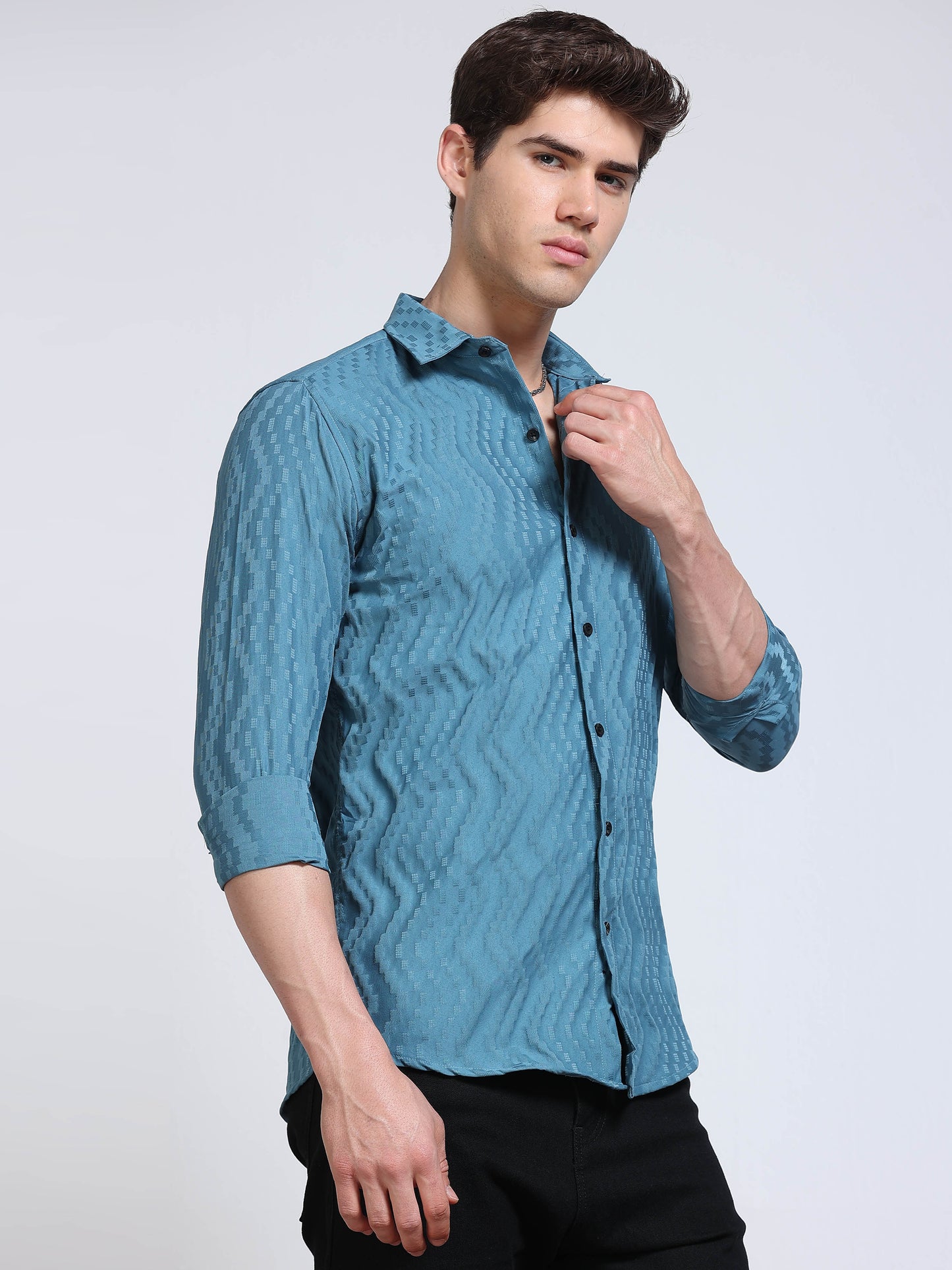 Men's Steel Blue Wave Textured Casual Shirt
