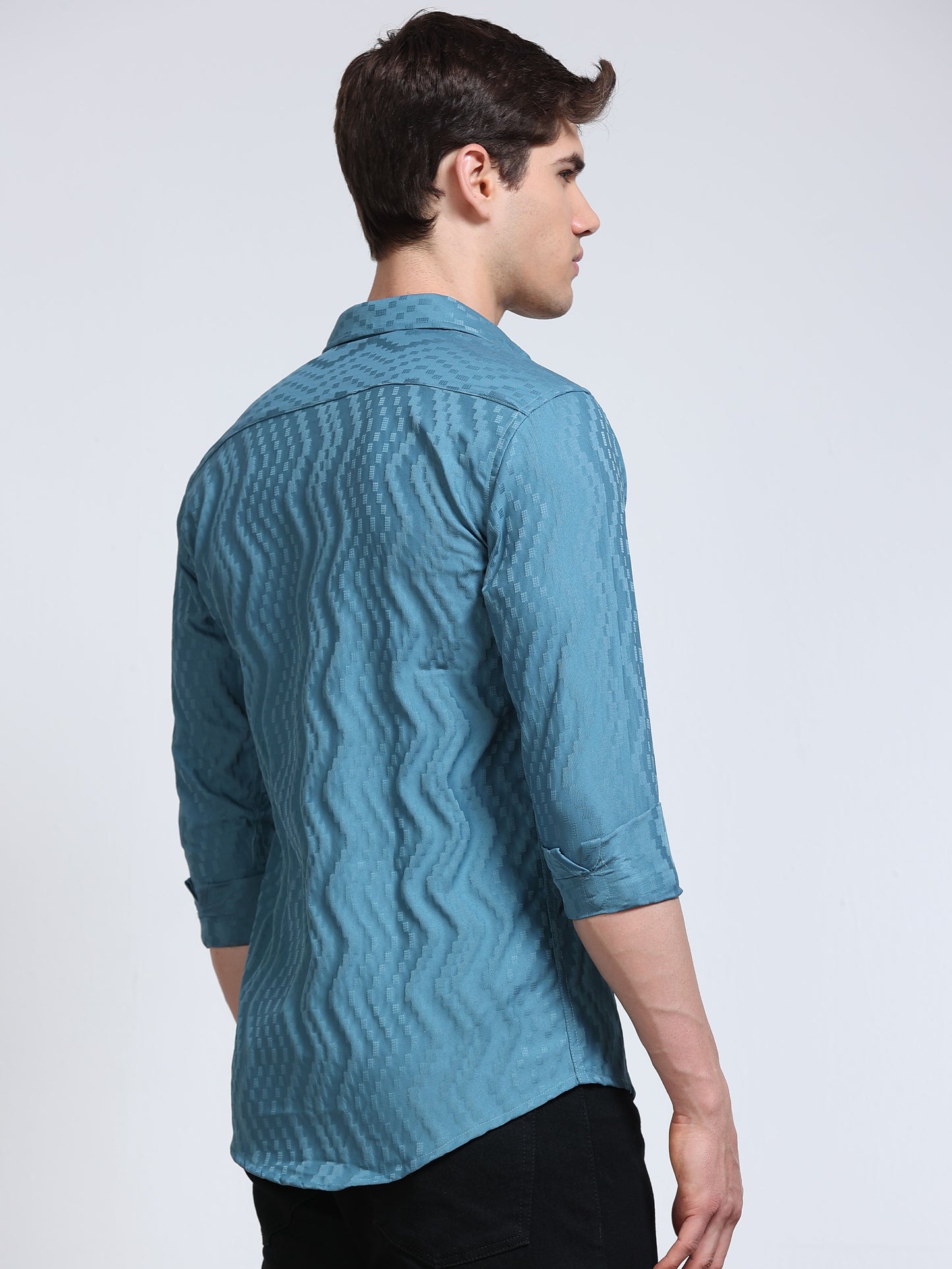 Men's Steel Blue Wave Textured Casual Shirt