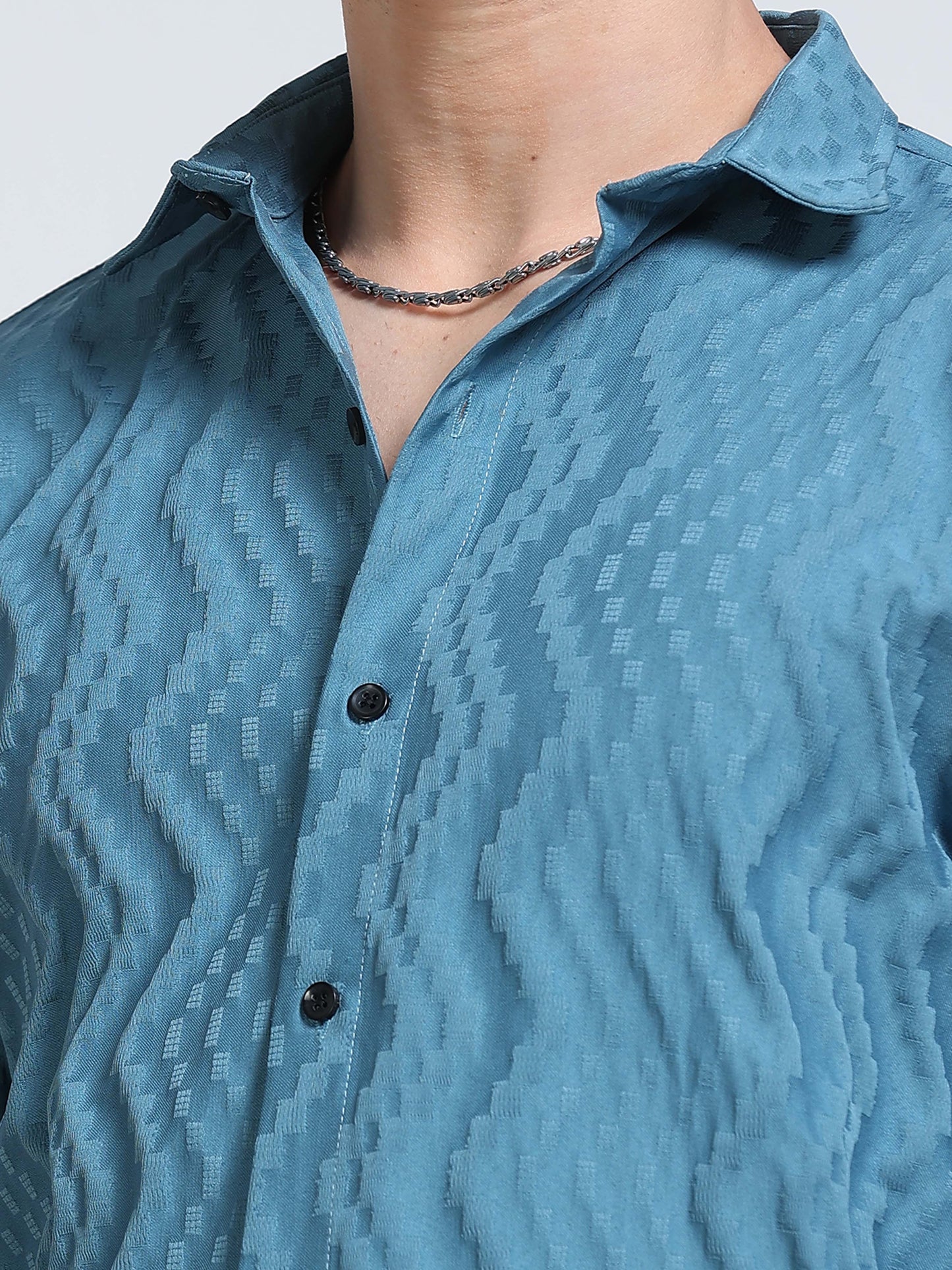 Men's Steel Blue Wave Textured Casual Shirt
