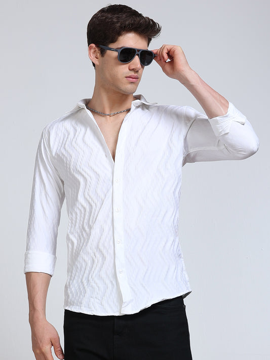 Men's White Wave Textured Casual Shirt