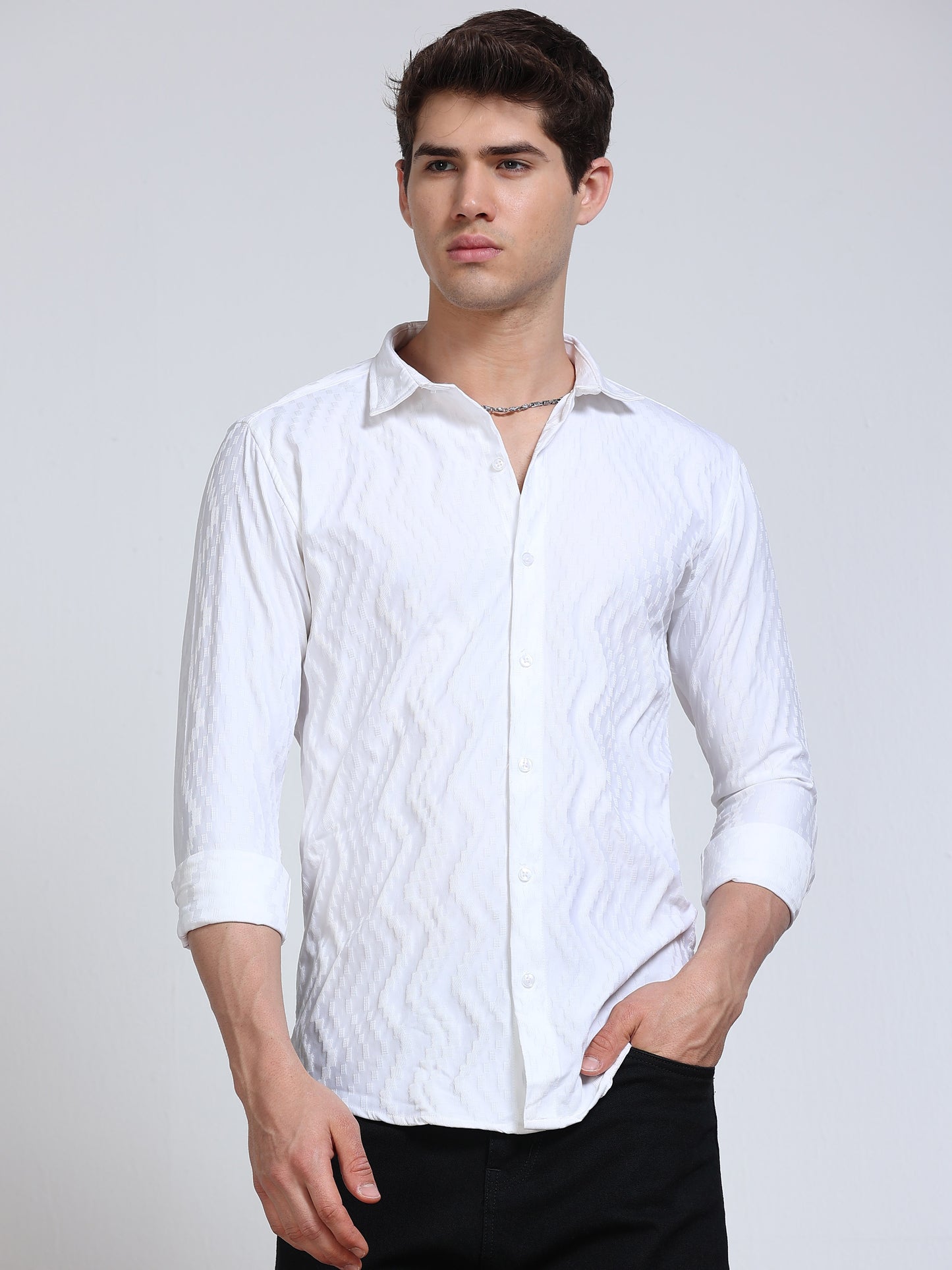 Men's White Wave Textured Casual Shirt