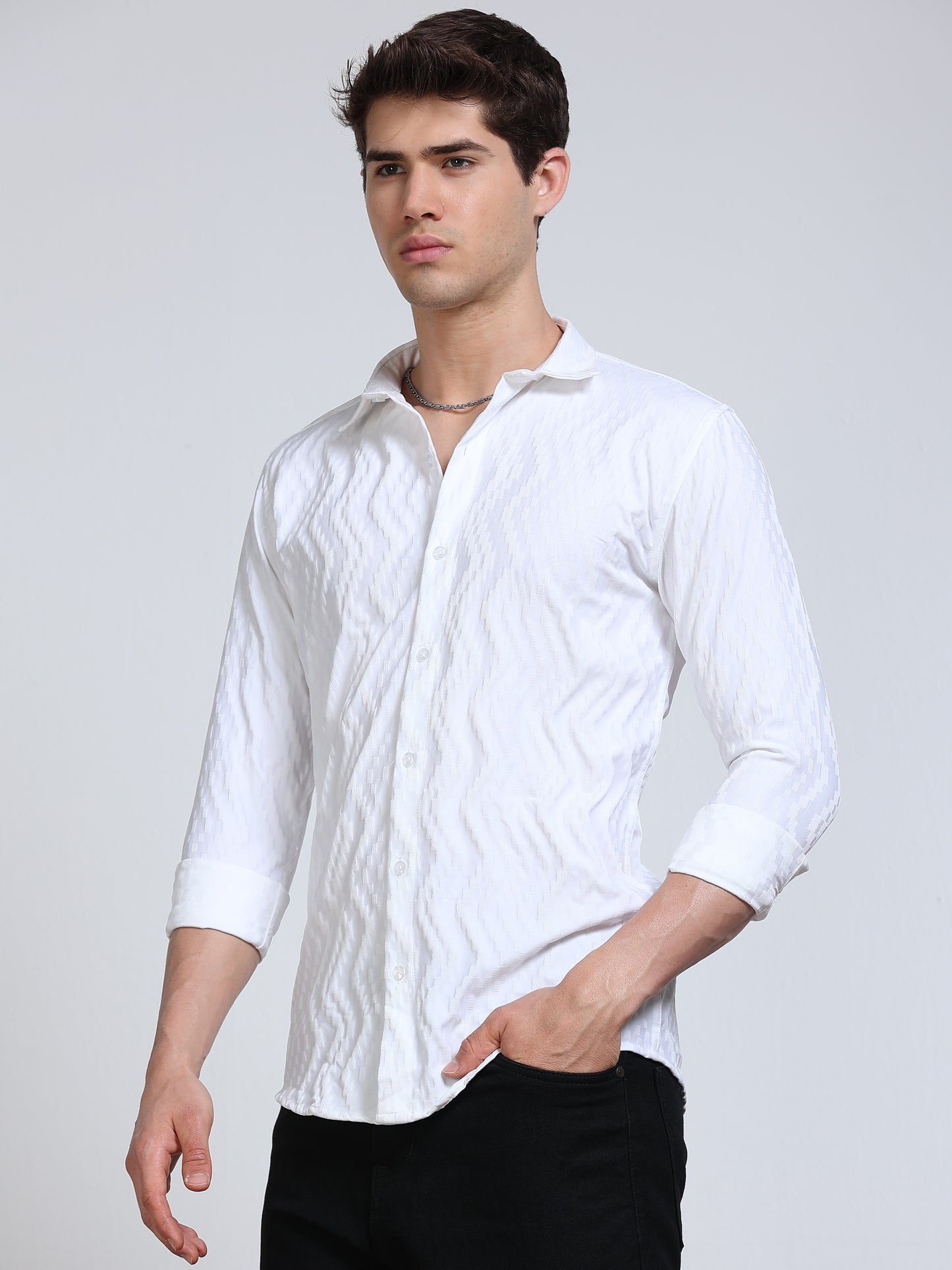 Men's White Wave Textured Casual Shirt