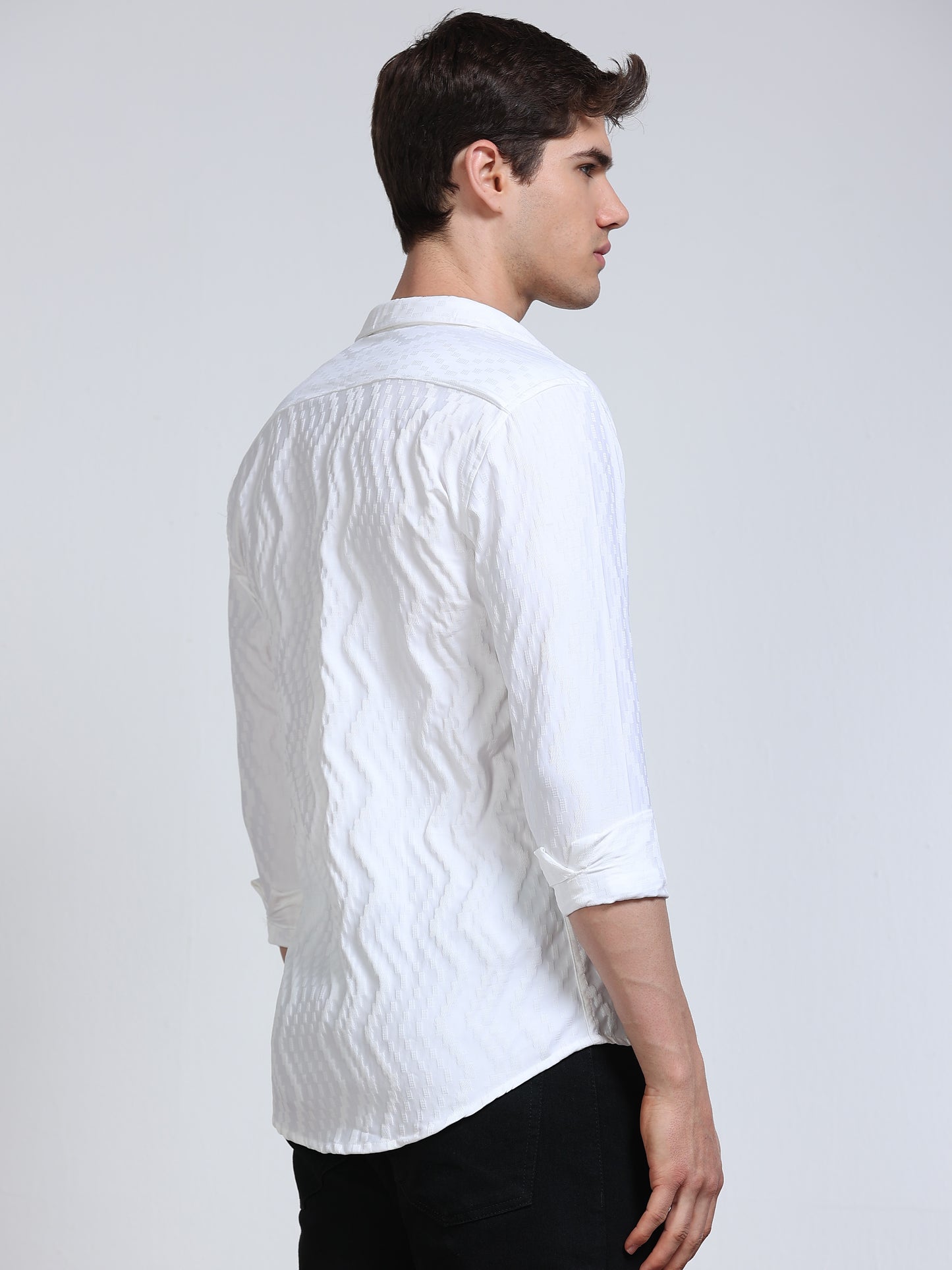 Men's White Wave Textured Casual Shirt