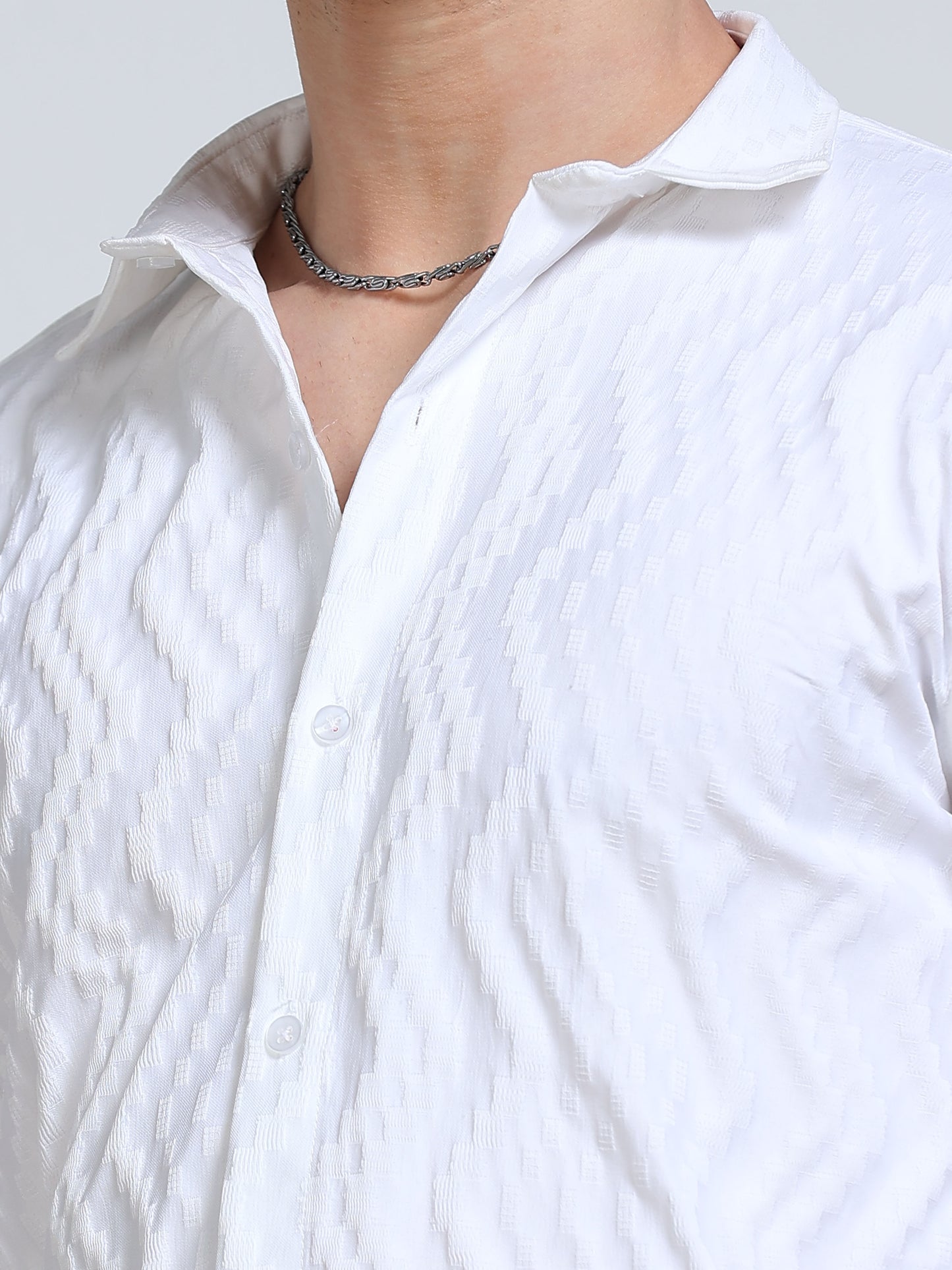 Men's White Wave Textured Casual Shirt