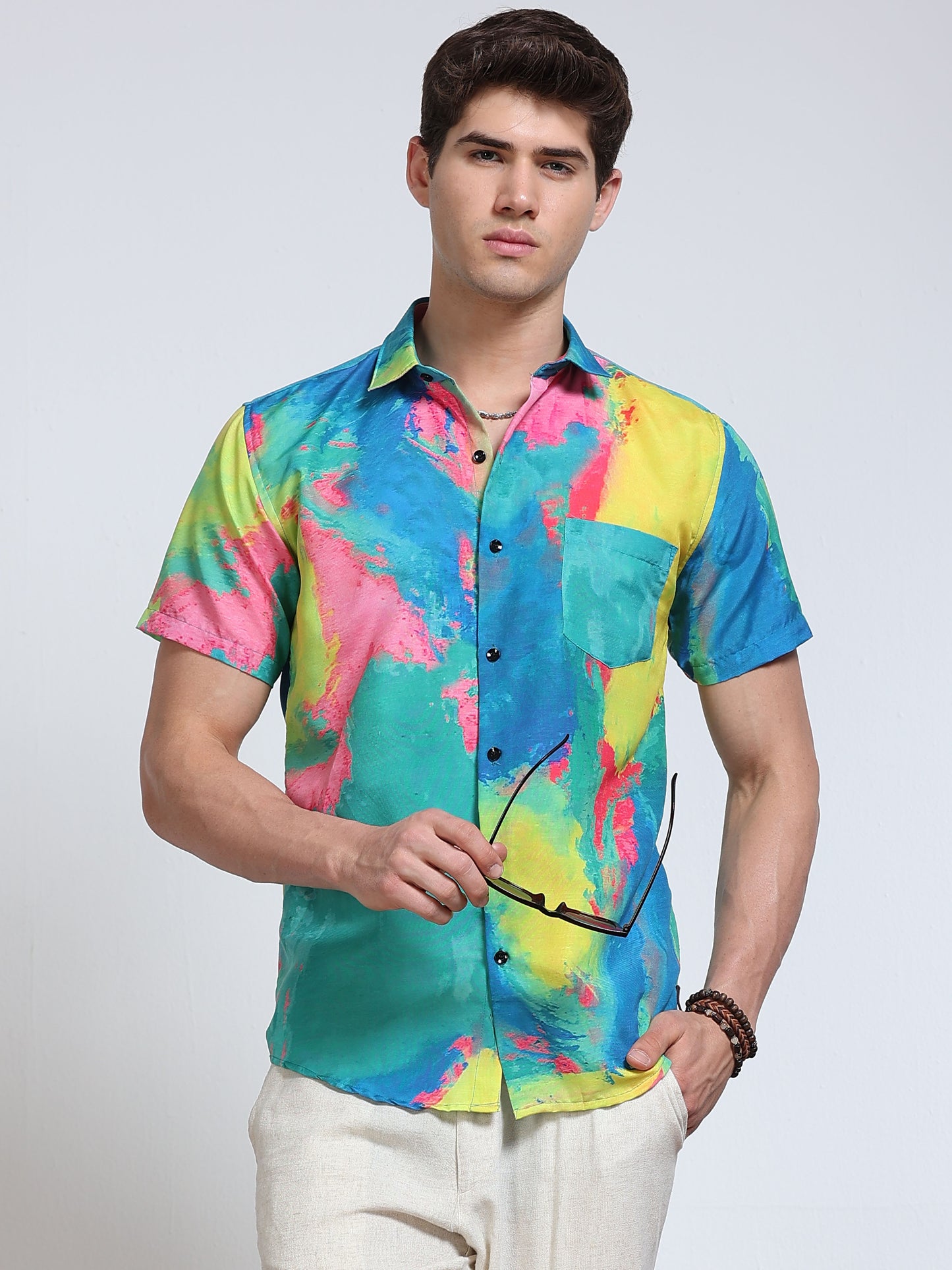 Men's Rayan Multicolour Tie-Dye Abstract Printed Half Sleeve Shirt