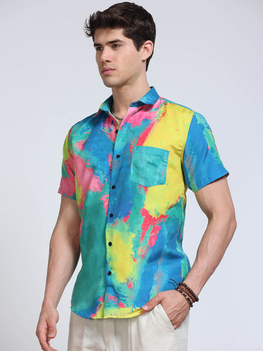 Men's Rayan Multicolour Tie-Dye Abstract Printed Half Sleeve Shirt