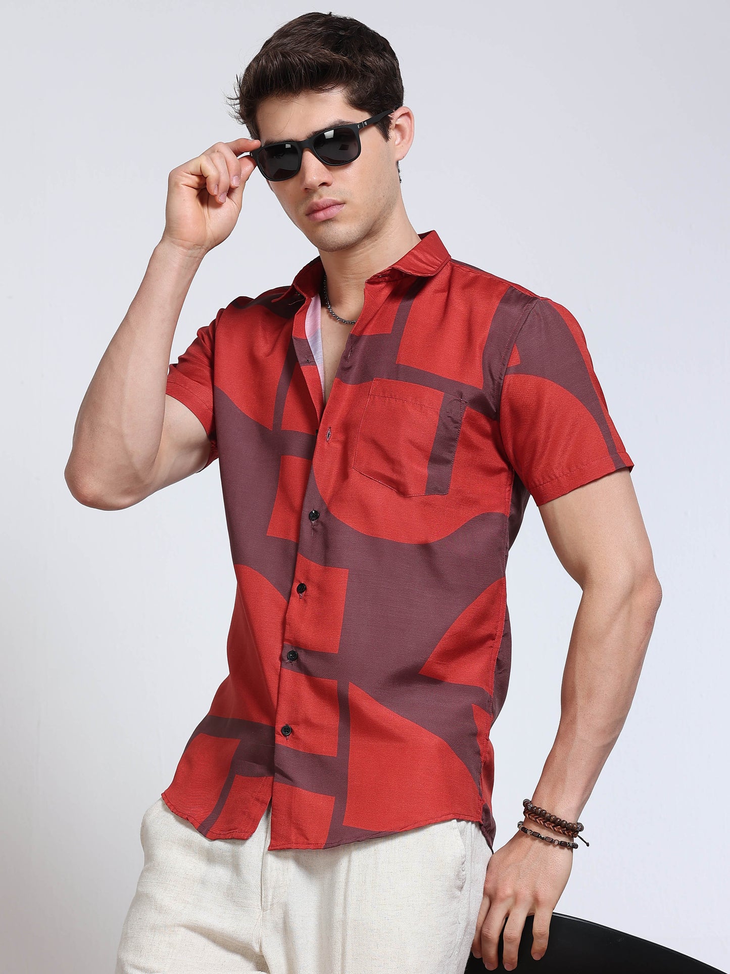 Men's Rayan Red Abstract Geometric Block Printed Half Sleeve Shirt