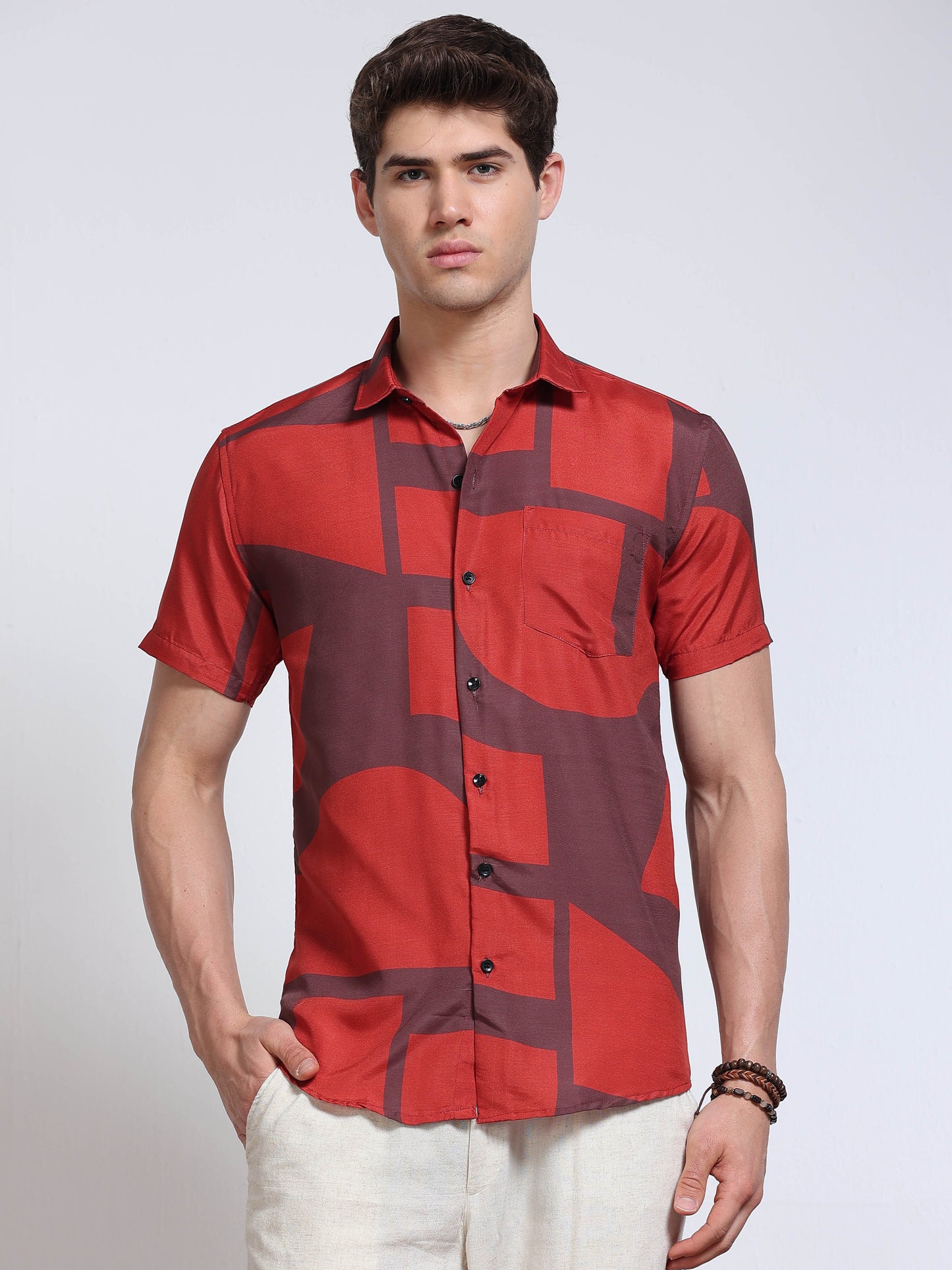 Men's Rayan Red Abstract Geometric Block Printed Half Sleeve Shirt