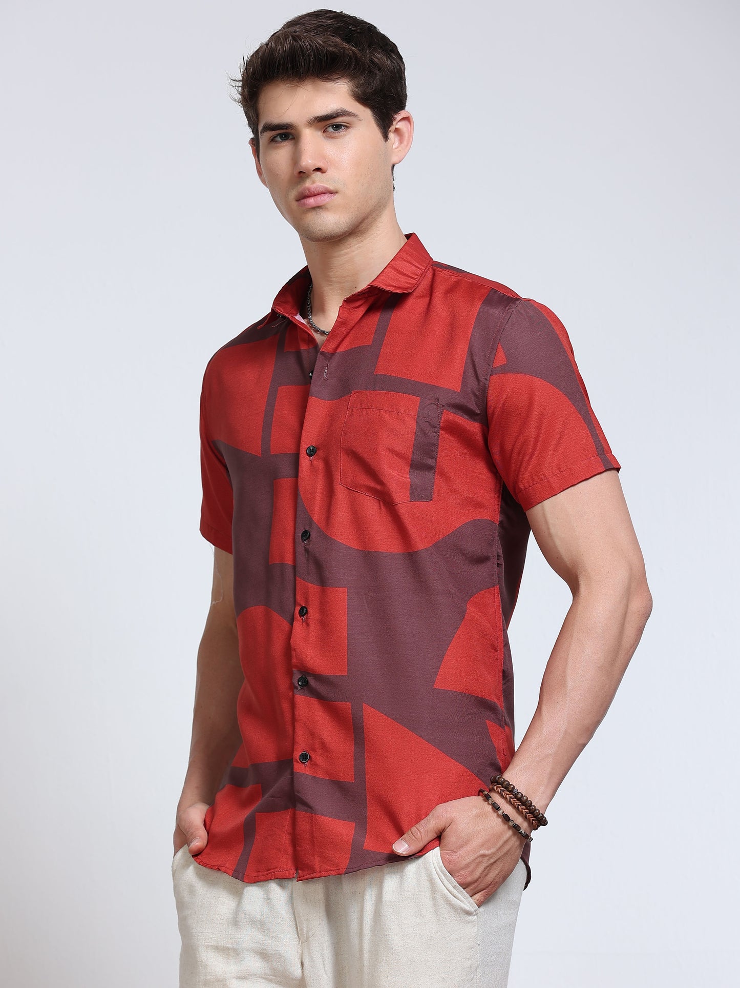 Men's Rayan Red Abstract Geometric Block Printed Half Sleeve Shirt