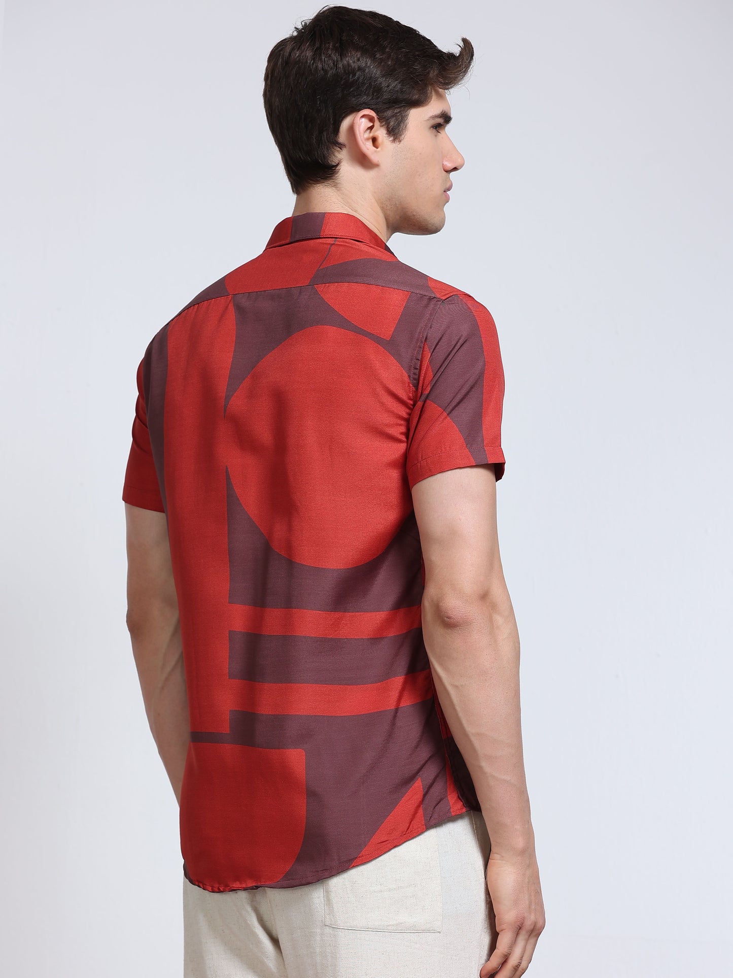 Men's Rayan Red Abstract Geometric Block Printed Half Sleeve Shirt