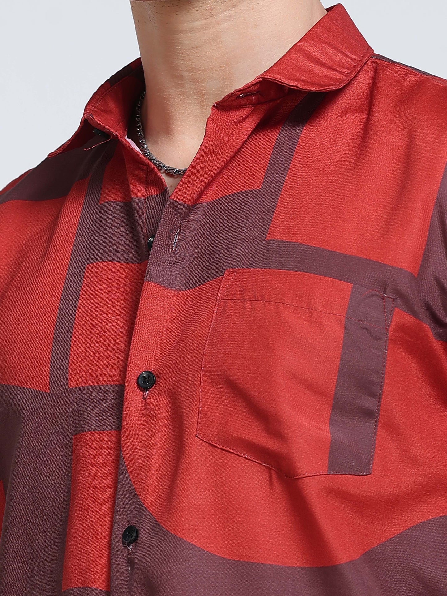 Men's Rayan Red Abstract Geometric Block Printed Half Sleeve Shirt