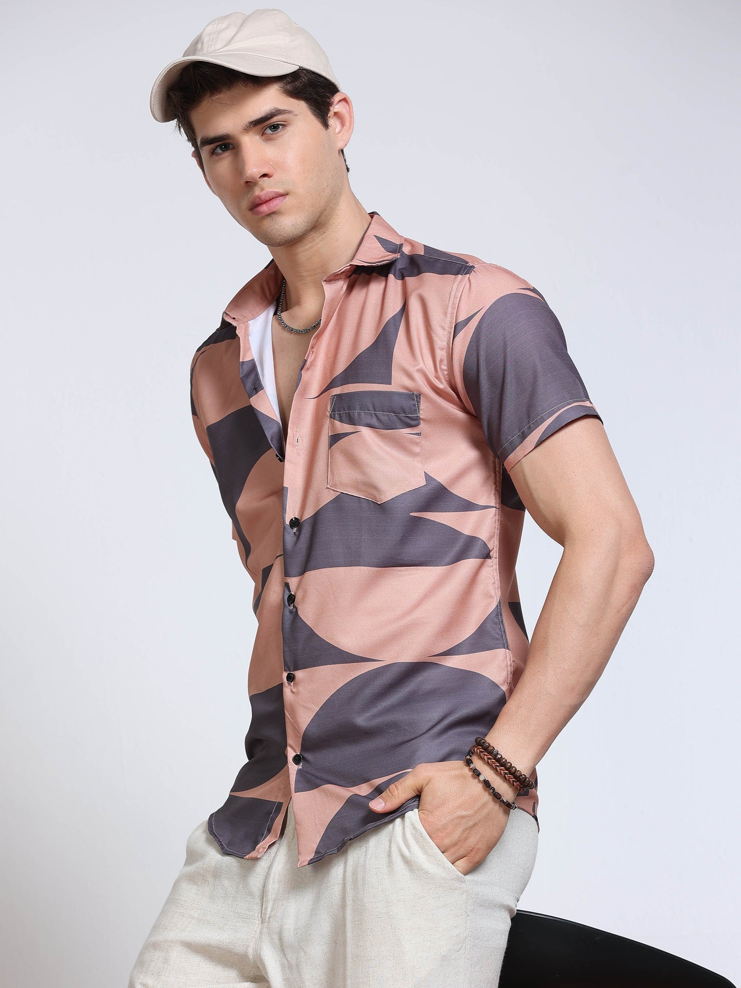 Men's Rayan Peach Abstract Curved Geometric Printed Half Sleeve Shirt
