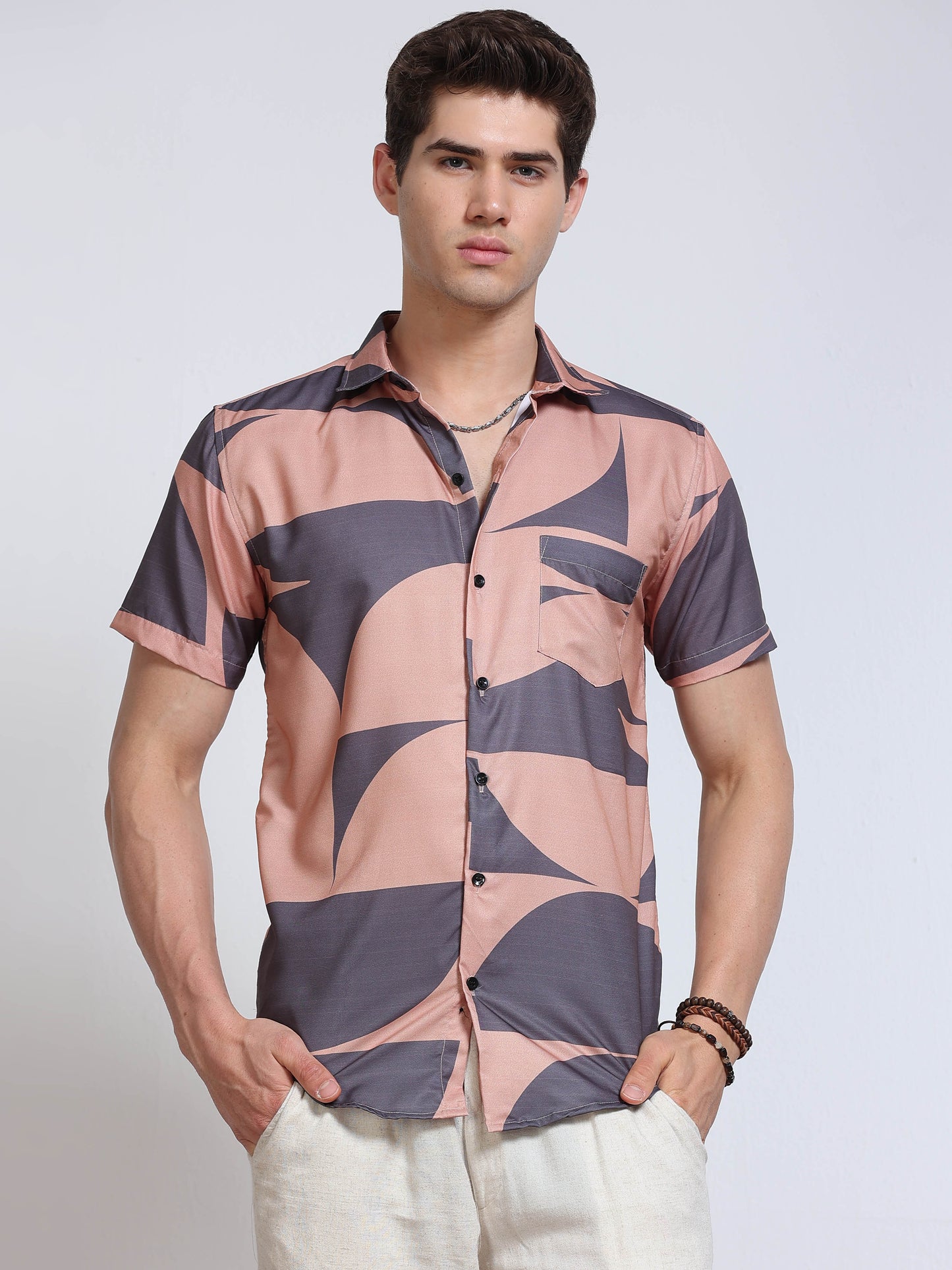 Men's Rayan Peach Abstract Curved Geometric Printed Half Sleeve Shirt
