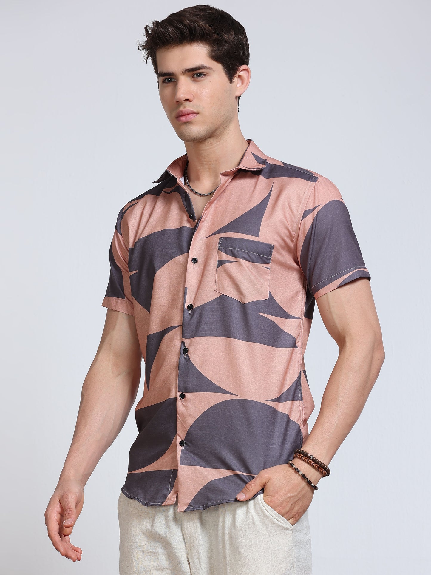 Men's Rayan Peach Abstract Curved Geometric Printed Half Sleeve Shirt
