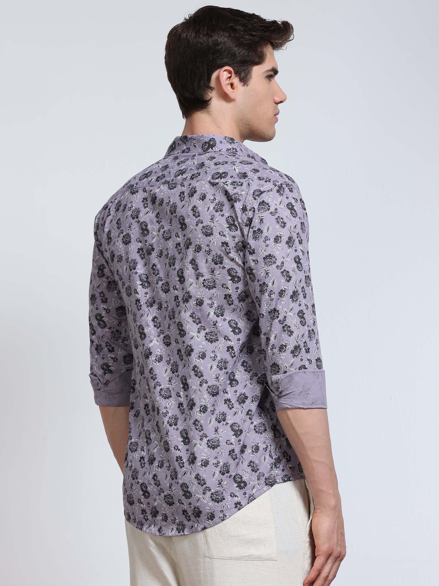 Men's Linen Lavender Dark Floral Printed Shirt