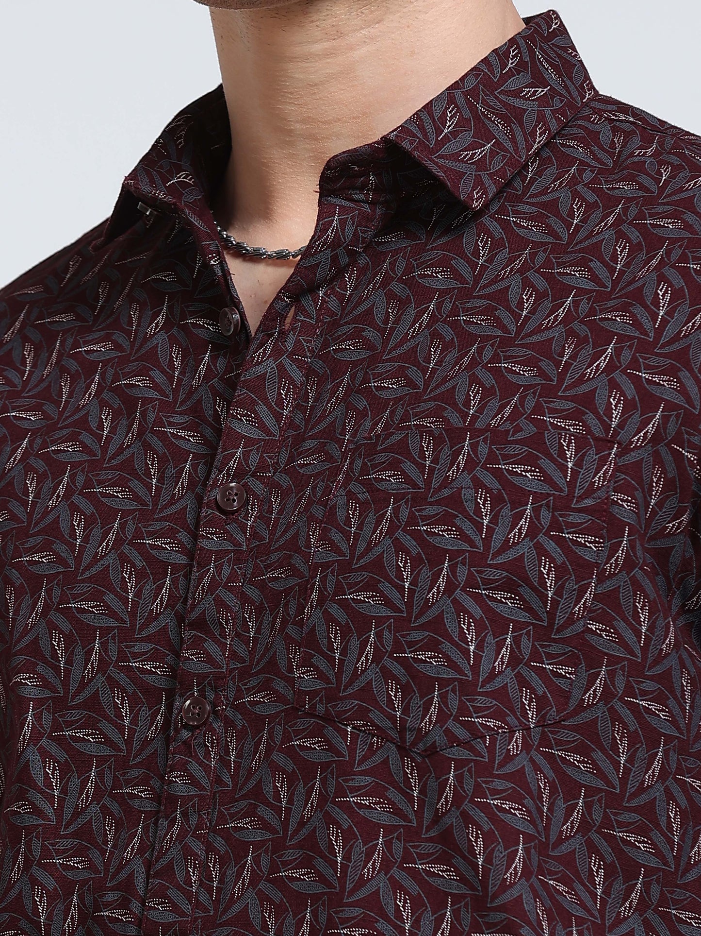Men's Linen Wine Leaf Printed Shirt