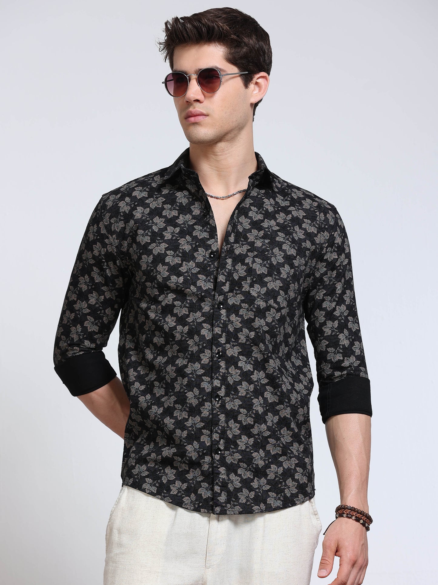 Men's Linen Black Grey Leaf Floral Printed Shirt