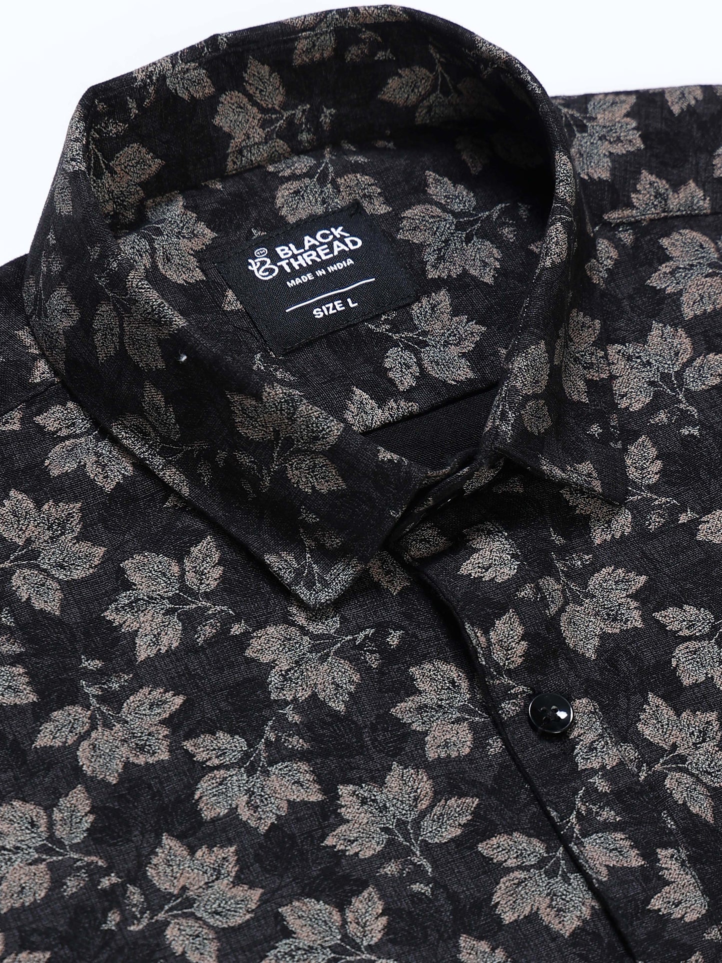 Men's Linen Black Grey Leaf Floral Printed Shirt