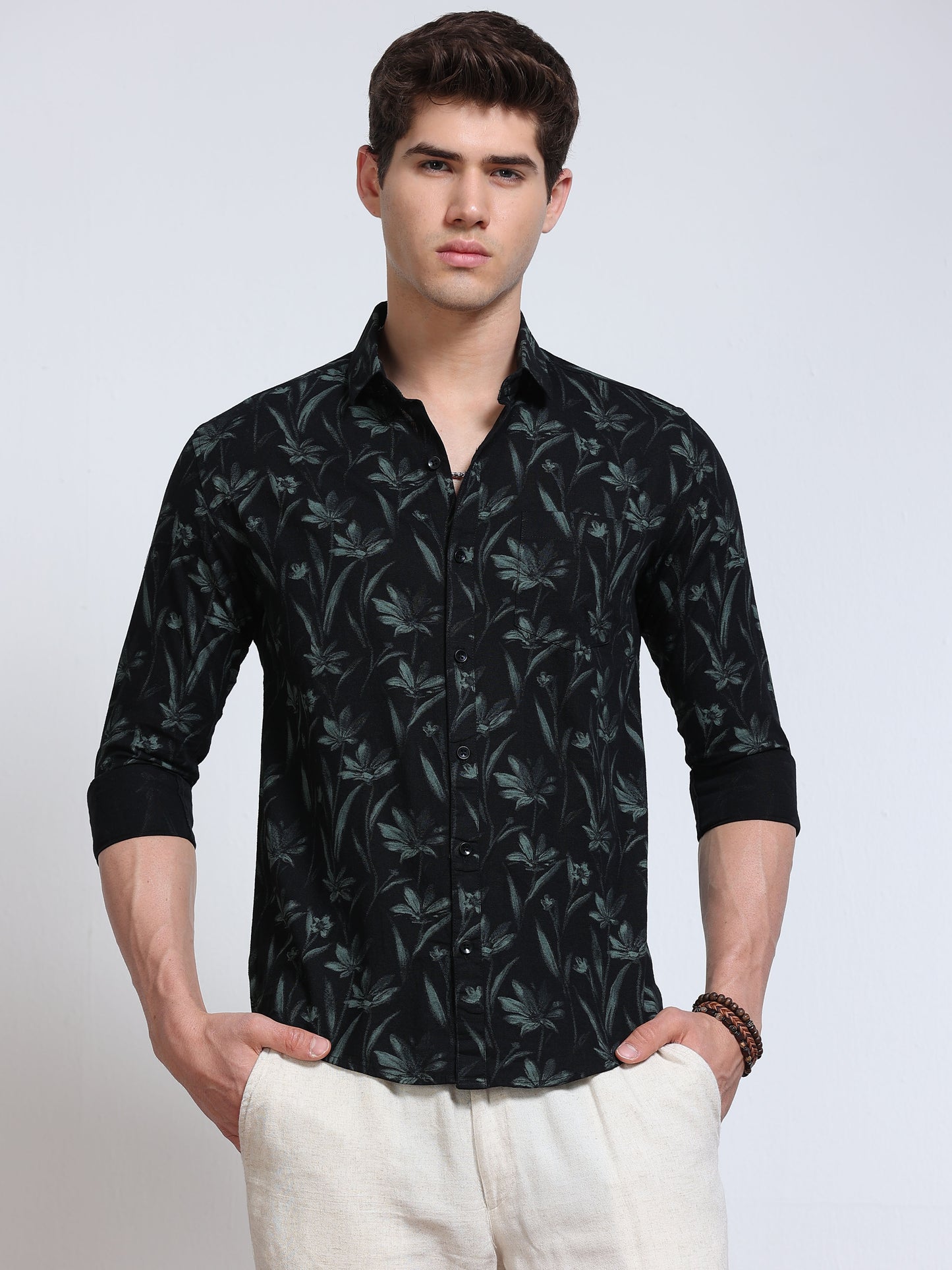Men's Linen Black Dark Green Tropical Printed Shirt