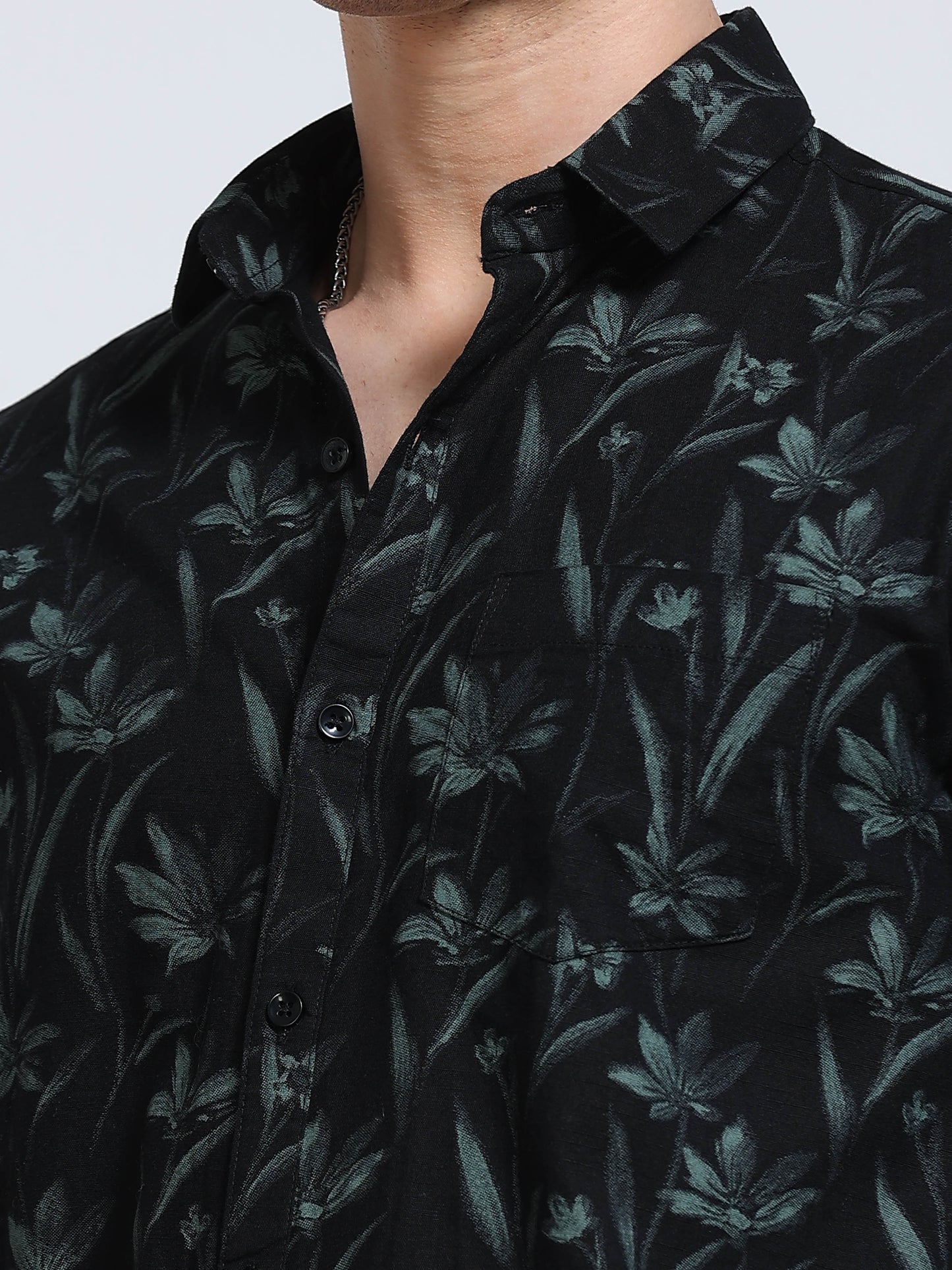 Men's Linen Black Dark Green Tropical Printed Shirt
