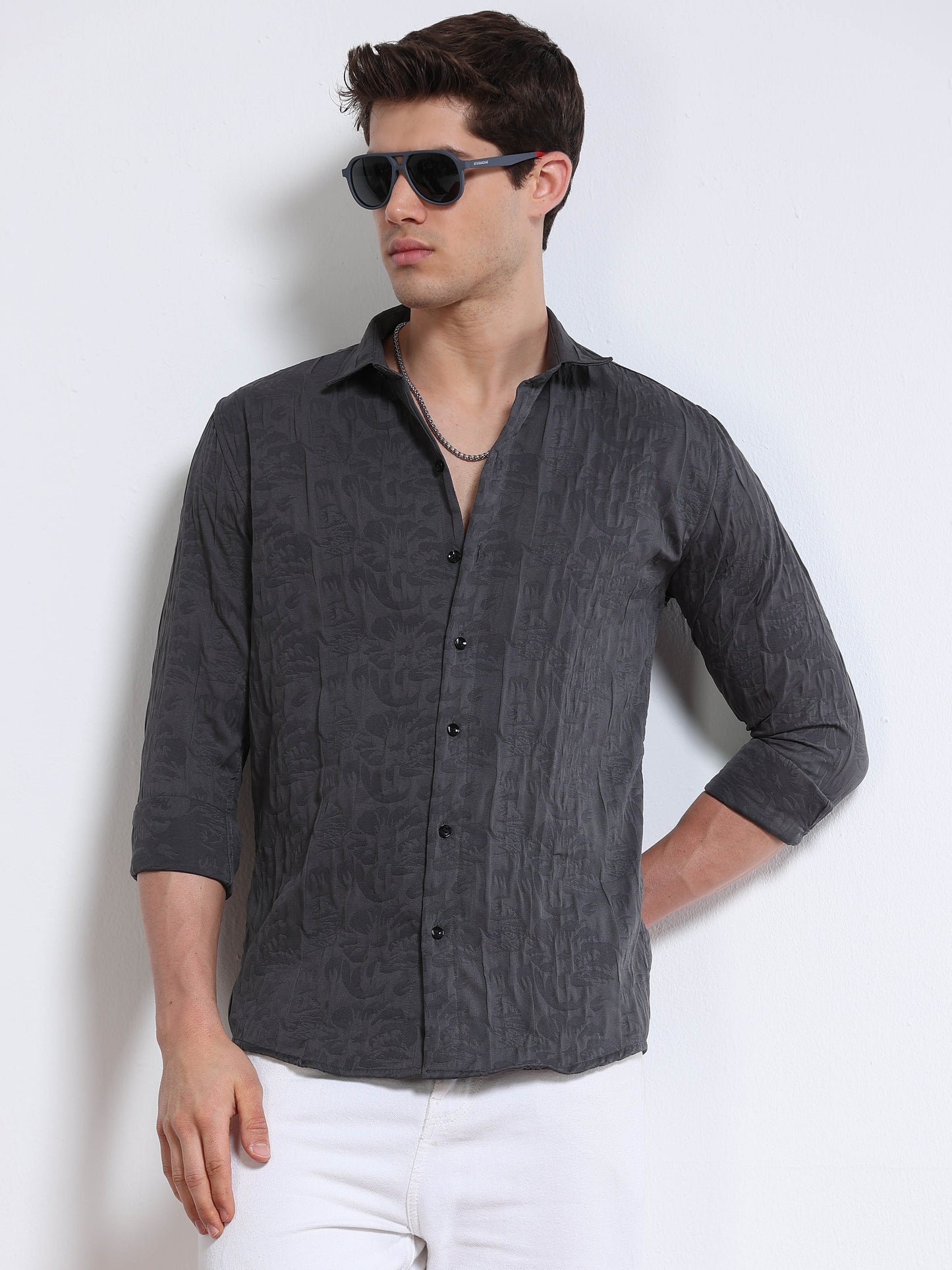 Men's Charcoal Grey Paisley Textured Casual Shirt