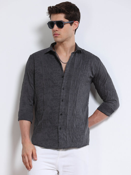 Men's Charcoal Grey Paisley Textured Casual Shirt