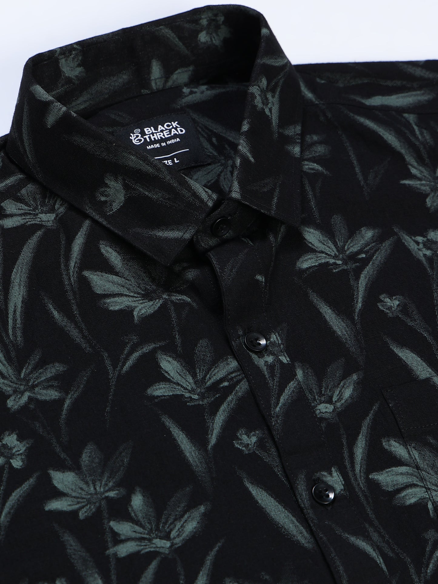 Men's Linen Black Dark Green Tropical Printed Shirt