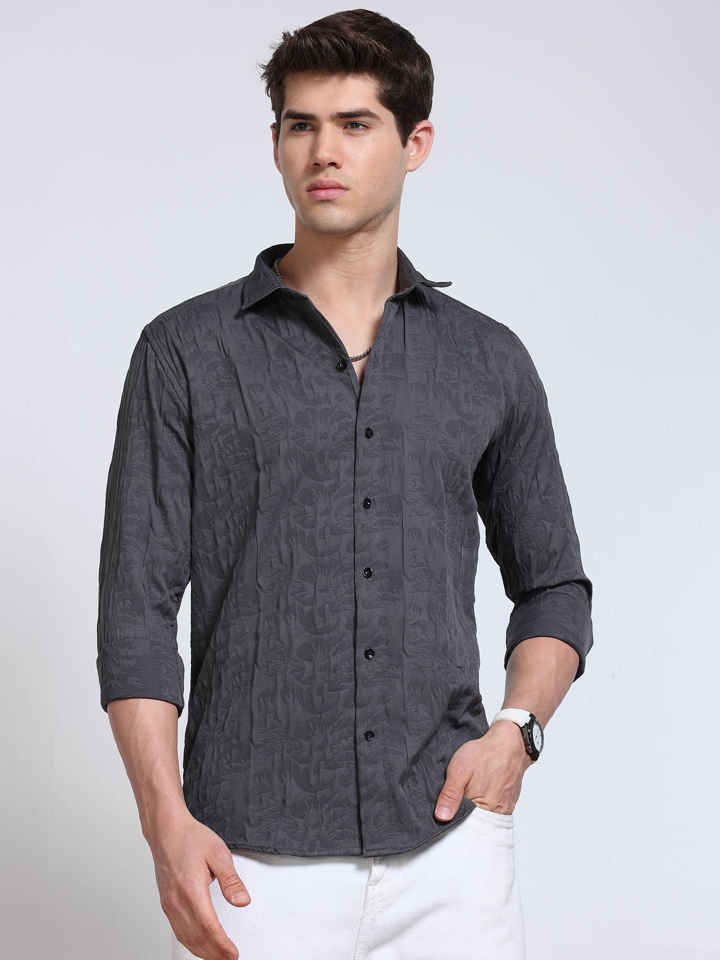 Men's Charcoal Grey Paisley Textured Casual Shirt