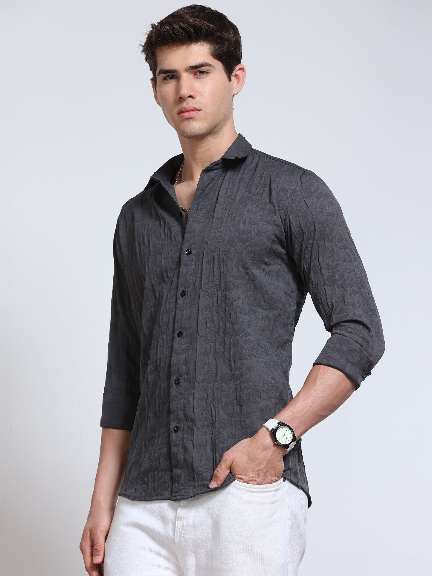 Men's Dark Charcoal Grey Abstract Crinkle Textured Casual Shirt