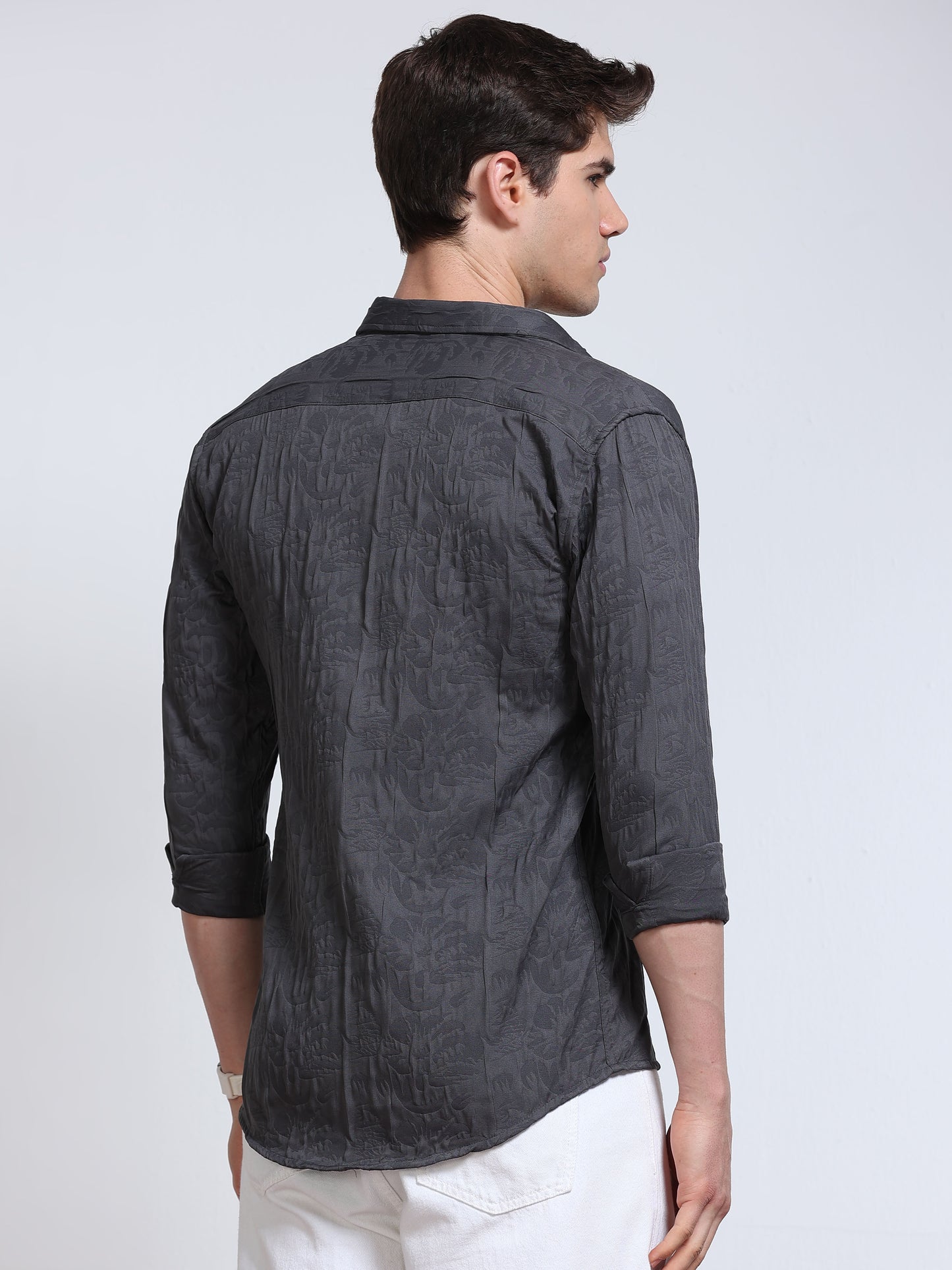Men's Dark Charcoal Grey Abstract Crinkle Textured Casual Shirt