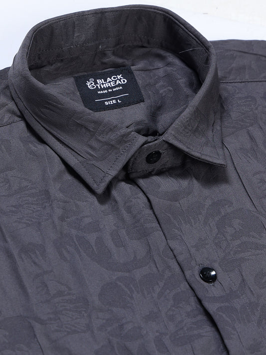 Men's Dark Charcoal Grey Abstract Crinkle Textured Casual Shirt
