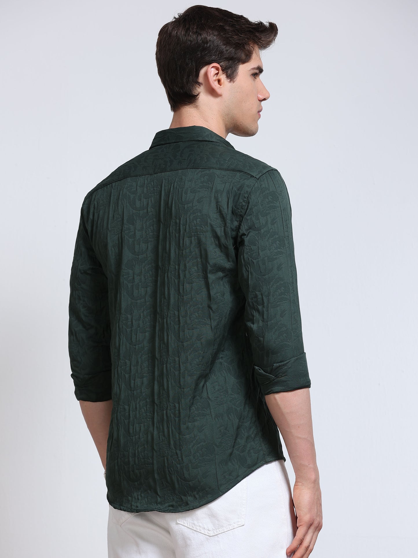 Men's Bottle Green Abstract Crinkle Textured Casual Shirt