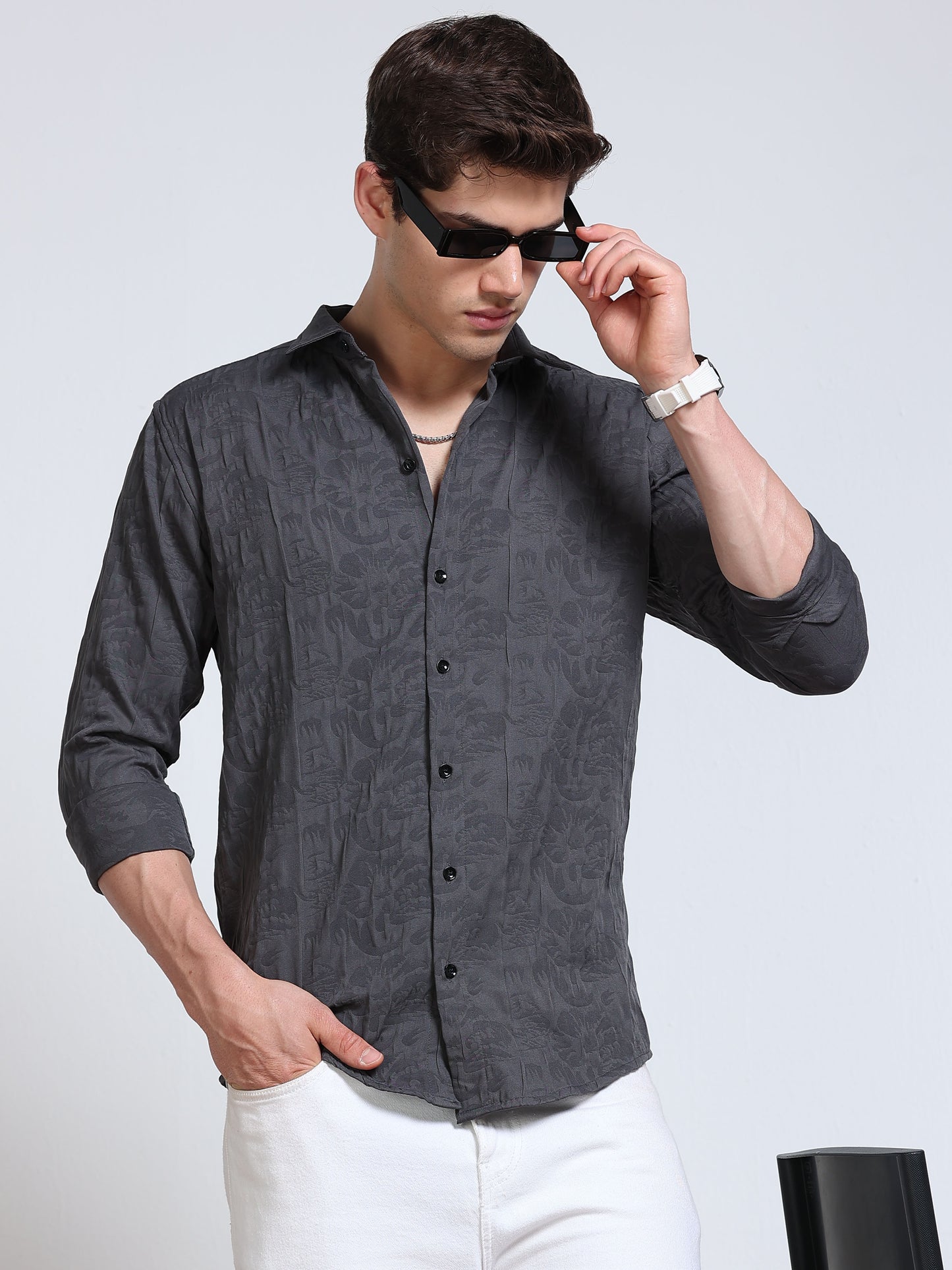 Men's Steel Grey Abstract Crinkle Textured Casual Shirt