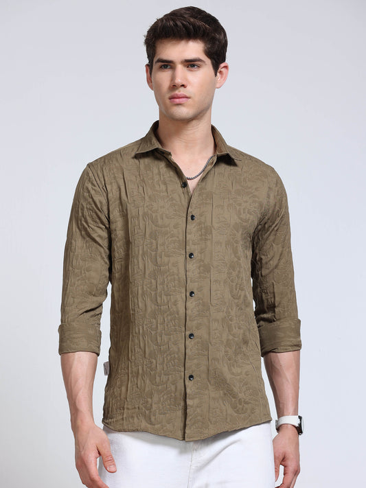 Men's Olive Khaki Abstract Crinkle Textured Casual Shirt