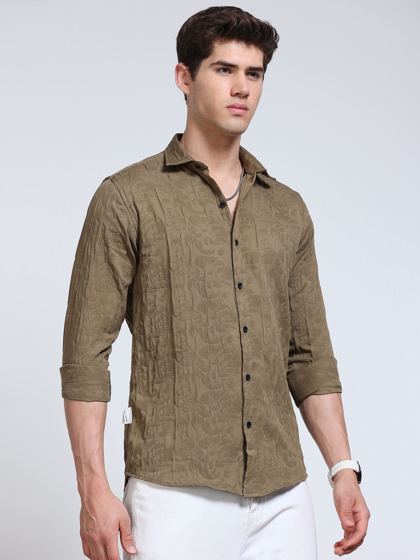 Men's Olive Khaki Abstract Crinkle Textured Casual Shirt