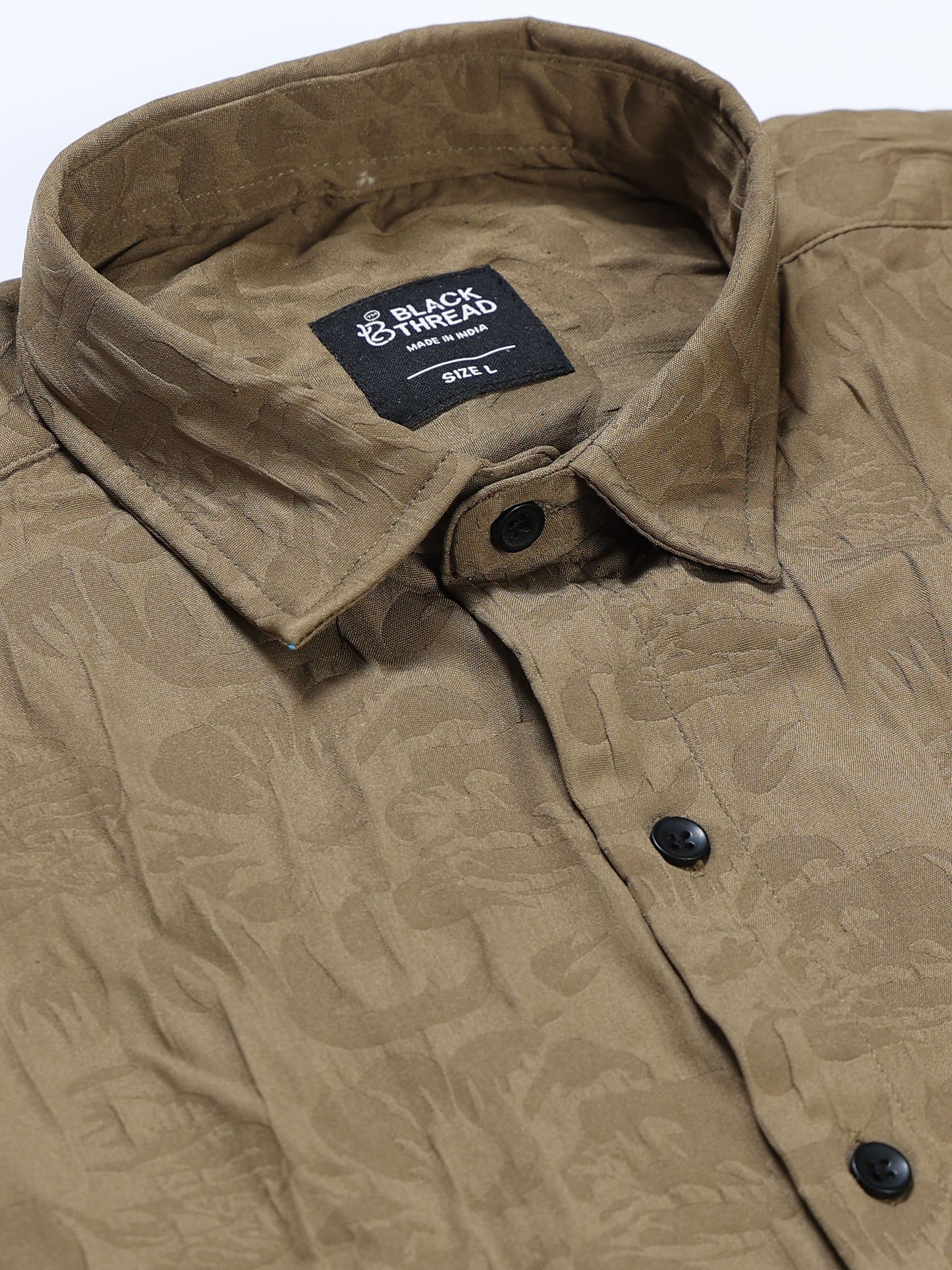 Men's Olive Khaki Abstract Crinkle Textured Casual Shirt