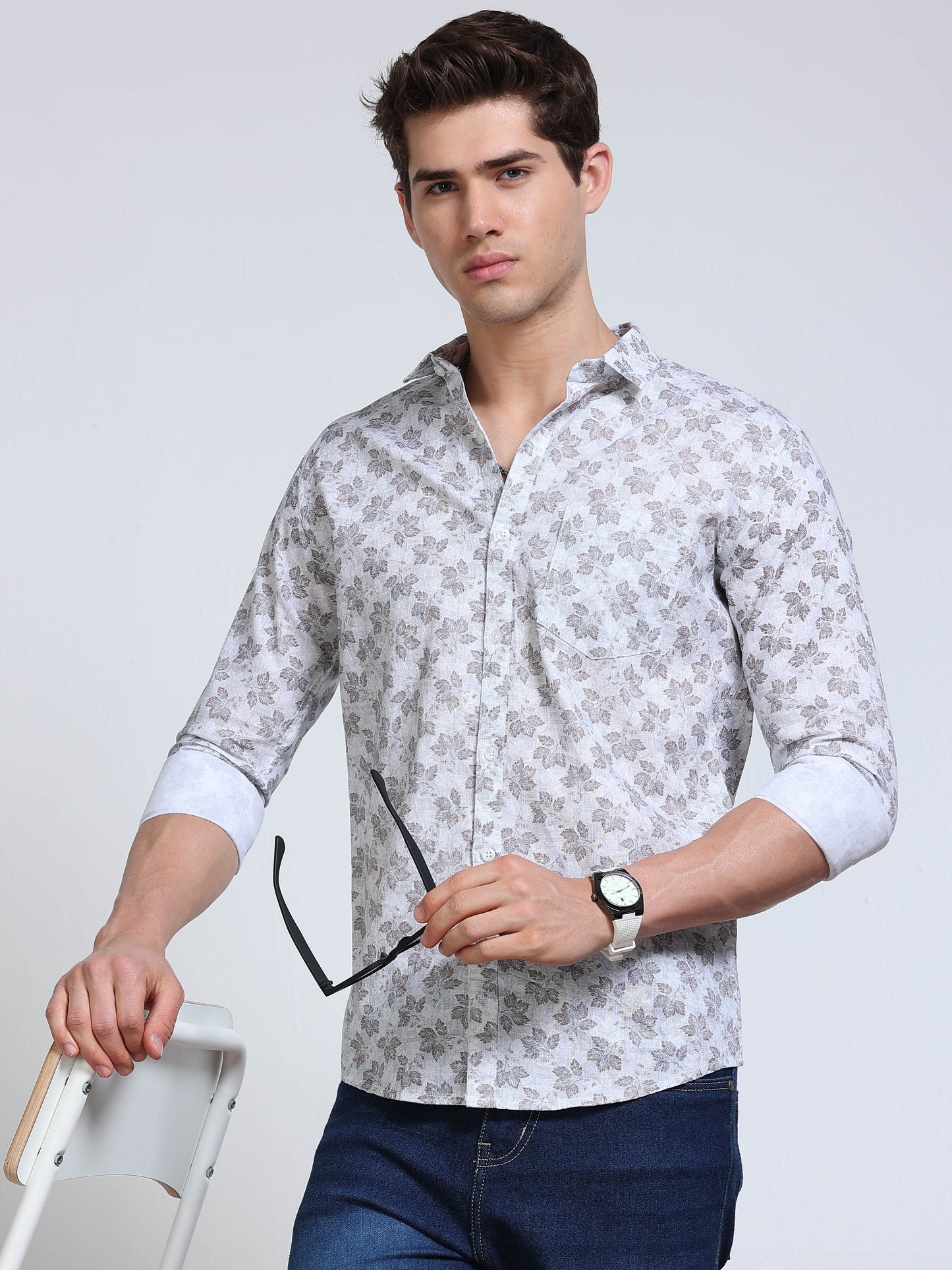 Men's Linen White Grey Blue Maple Leaf Printed Shirt