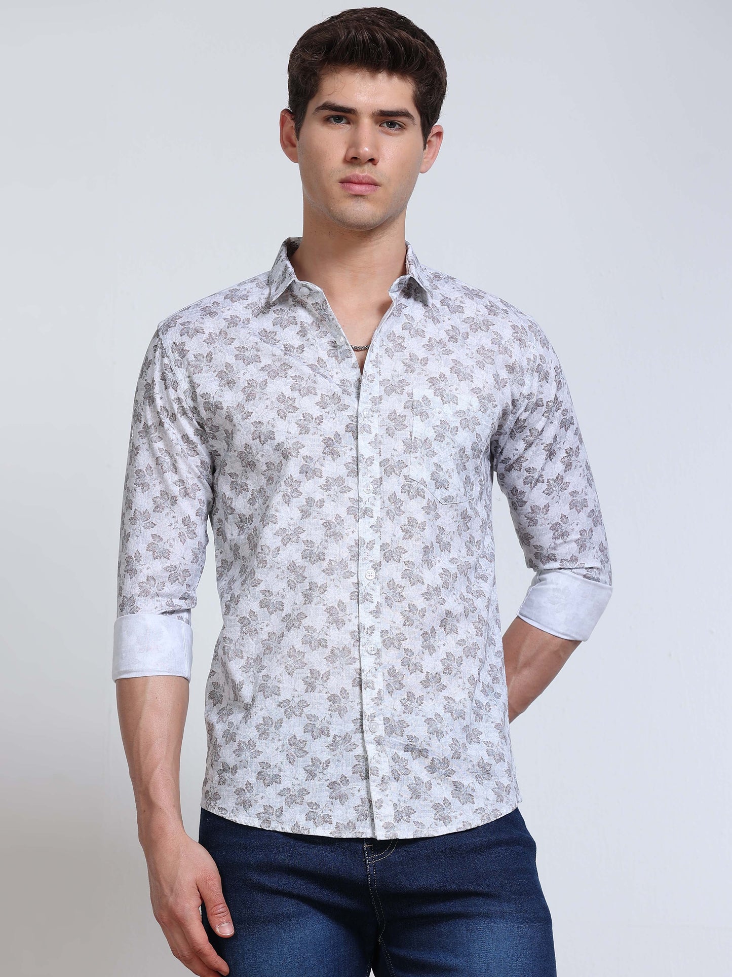 Men's Linen White Grey Blue Maple Leaf Printed Shirt